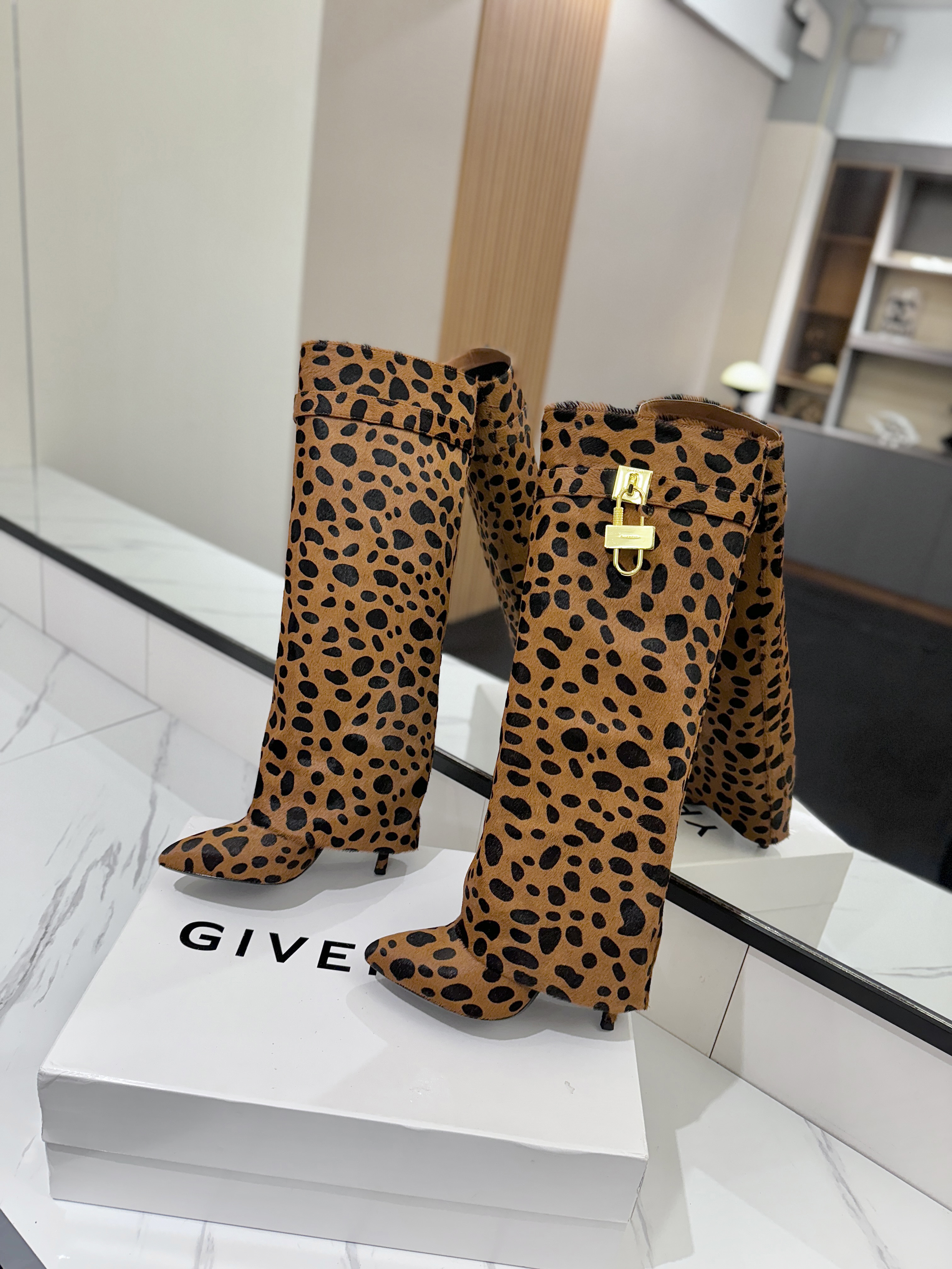 Givenchy Shark Lock Leopard-Print Knee-High Boots