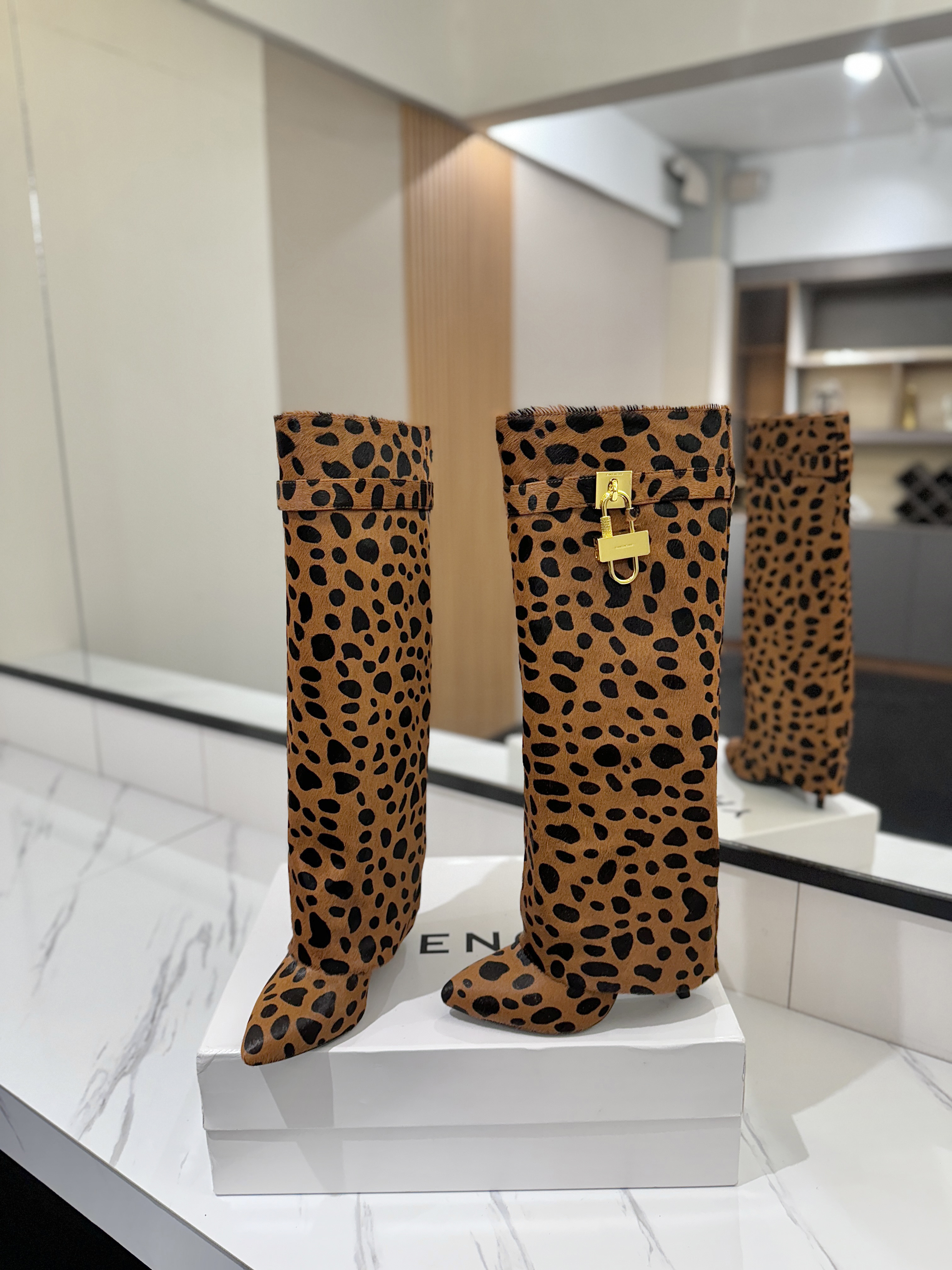 Givenchy Shark Lock Leopard-Print Knee-High Boots