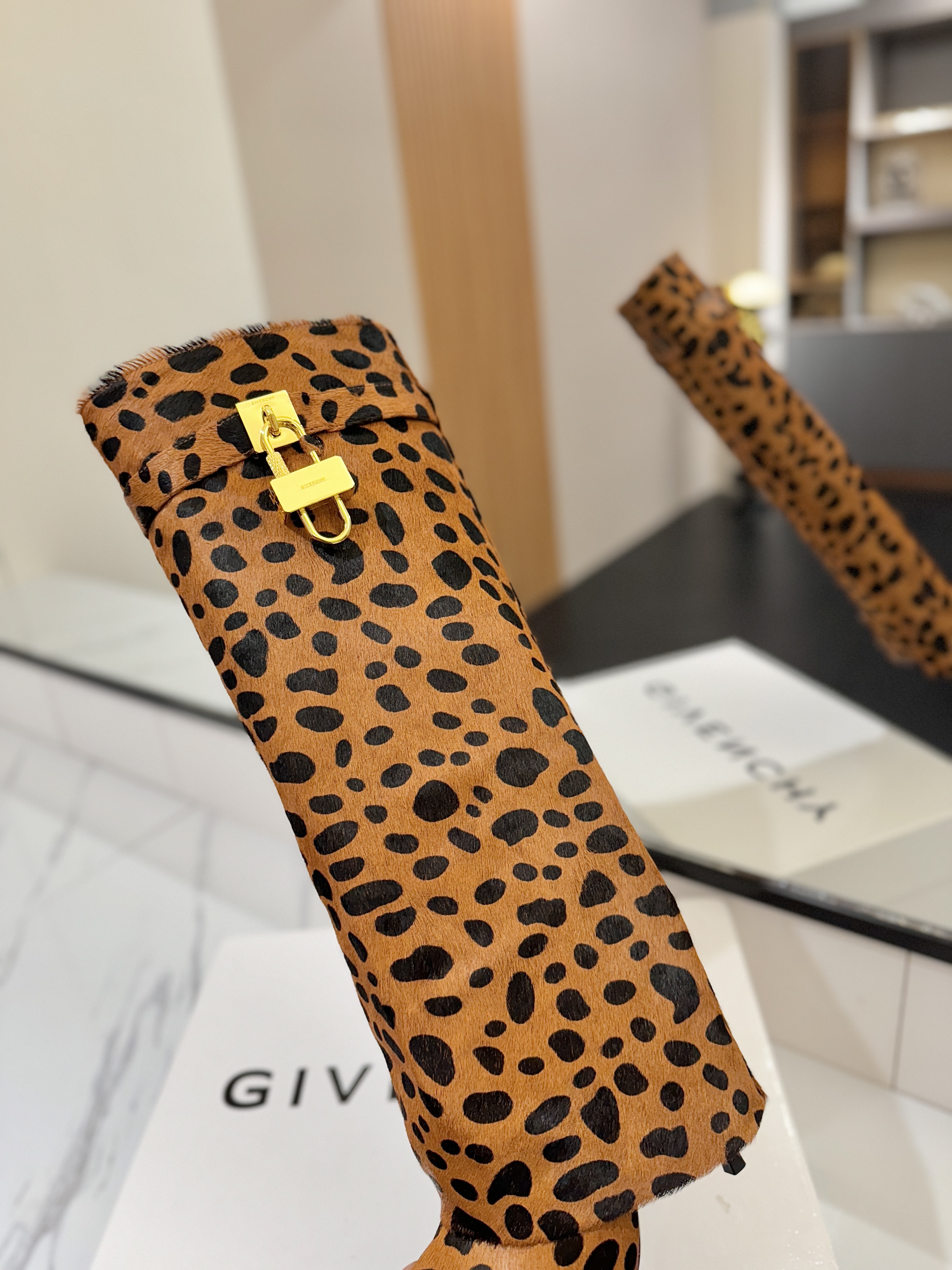 Givenchy Shark Lock Leopard-Print Knee-High Boots