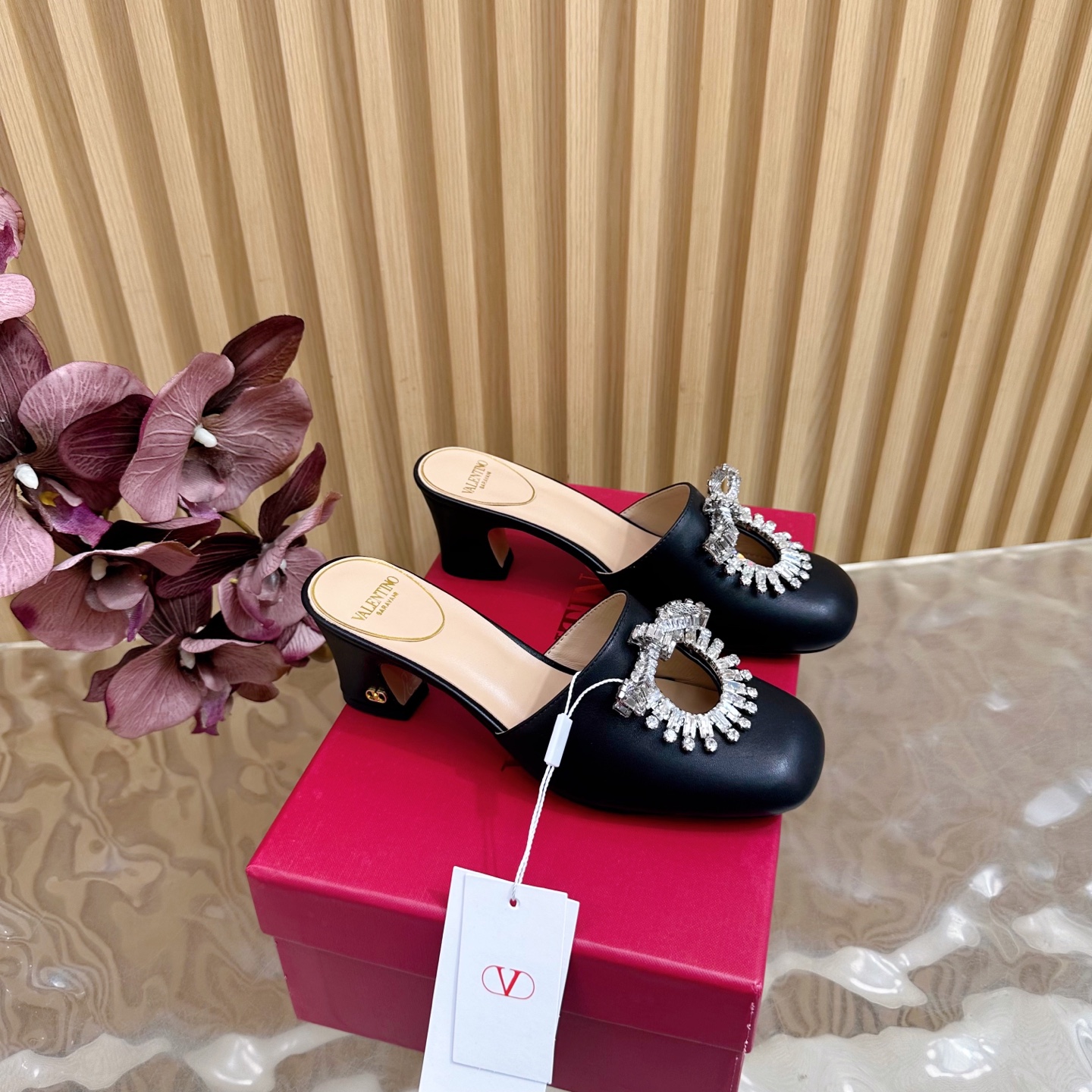 Valentino Crystal Chunky Heel Mules