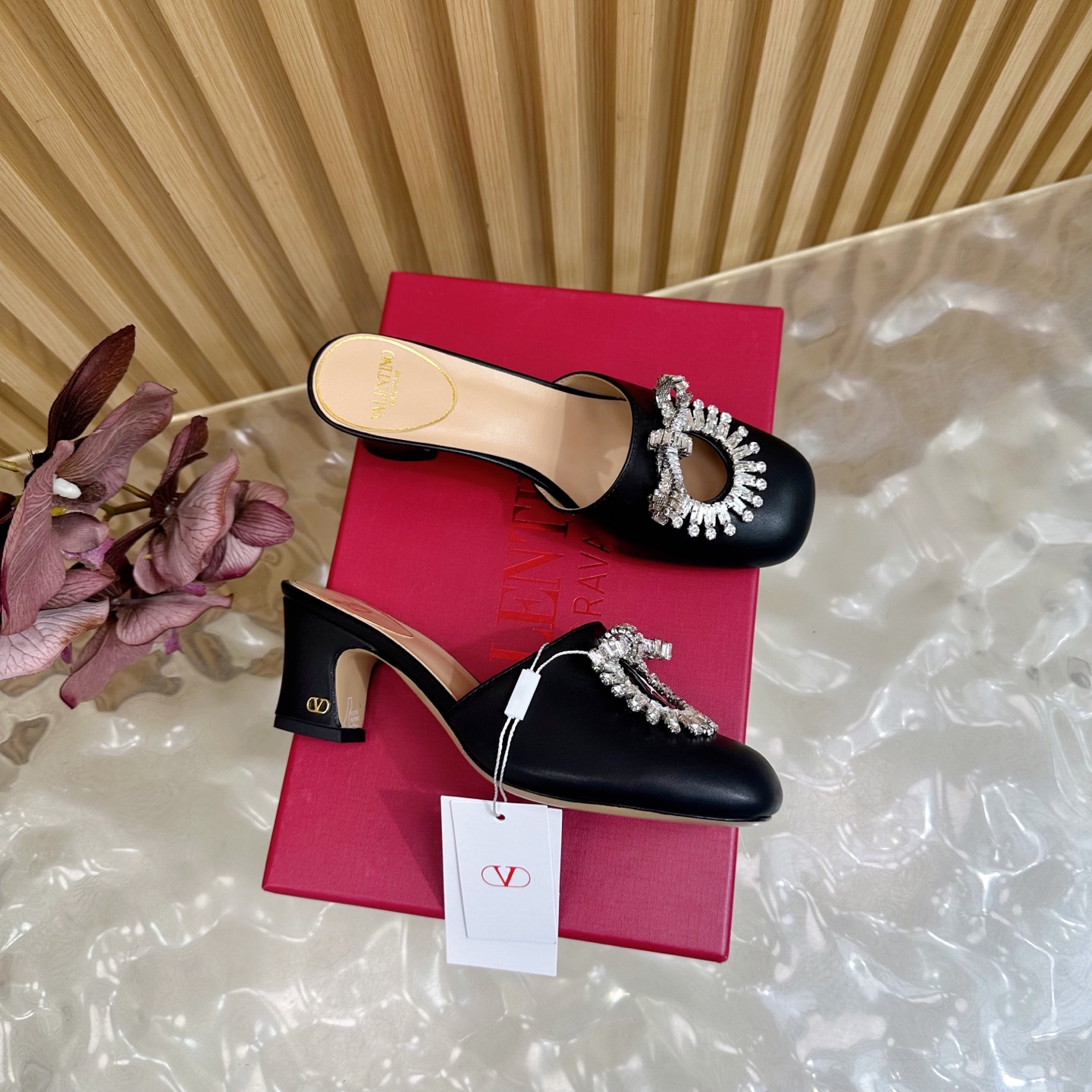 Valentino Crystal Chunky Heel Mules