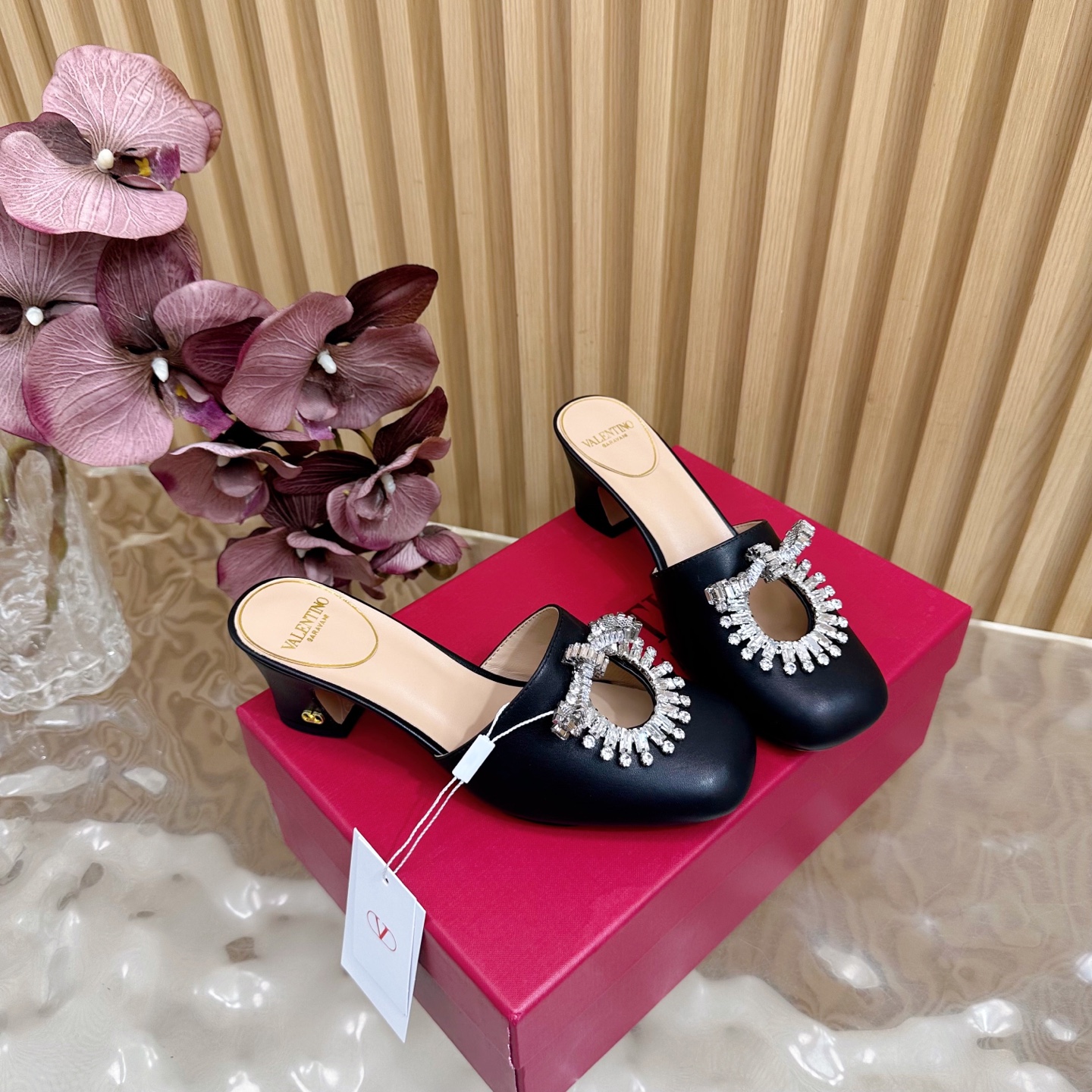 Valentino Crystal Chunky Heel Mules