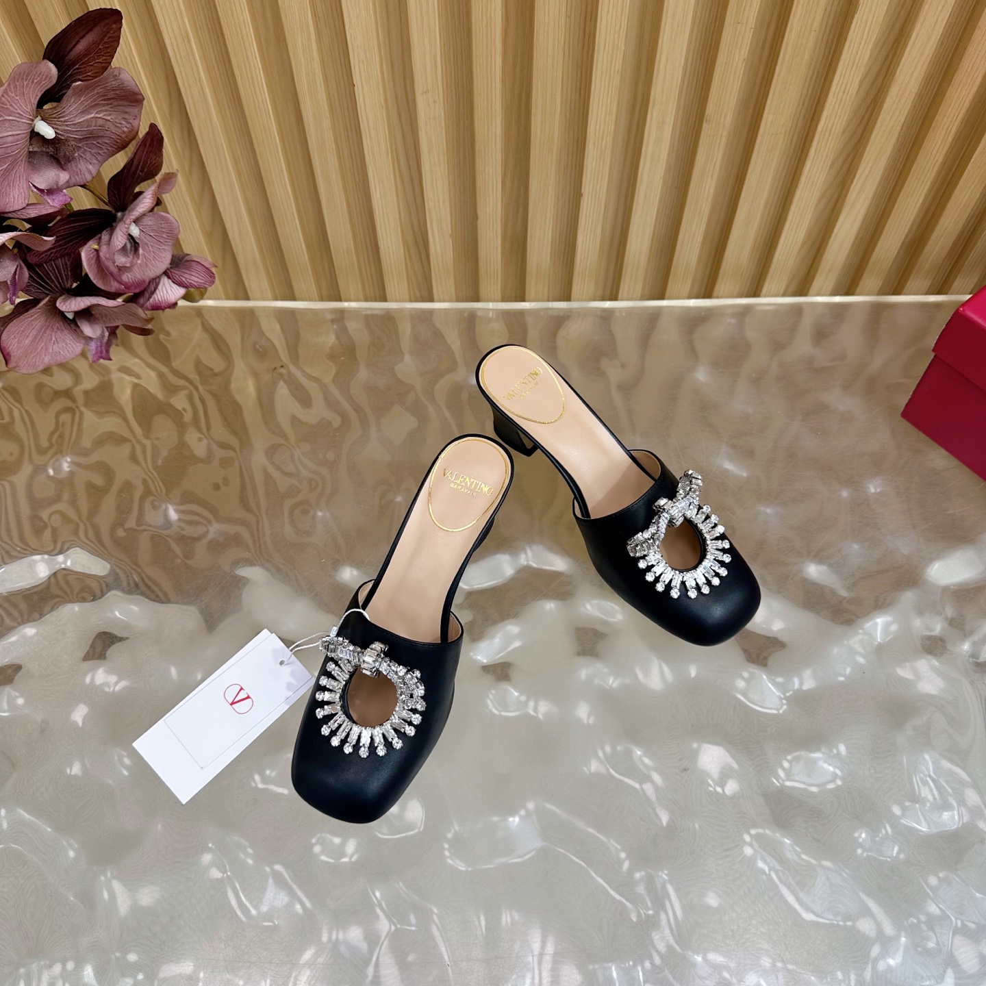 Valentino Crystal Chunky Heel Mules