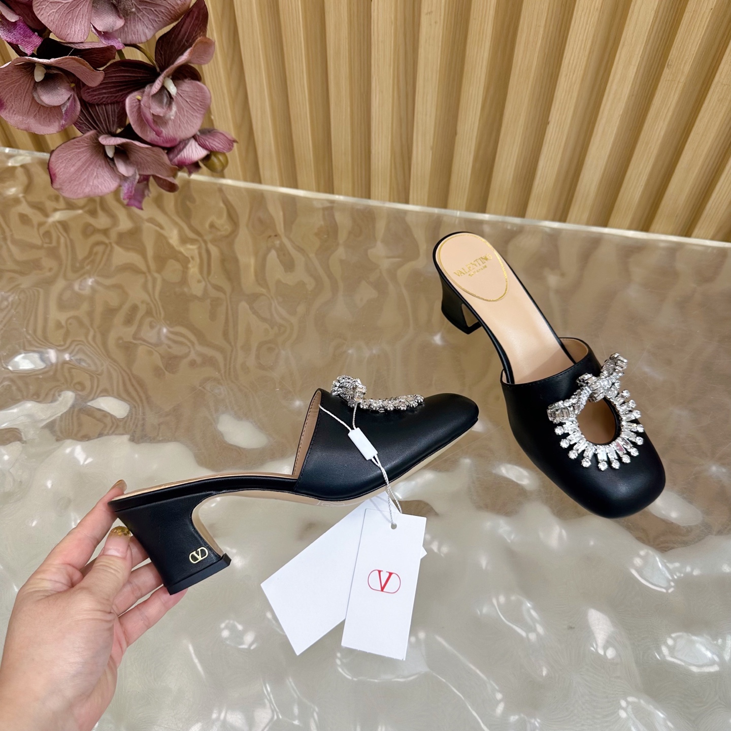 Valentino Crystal Chunky Heel Mules