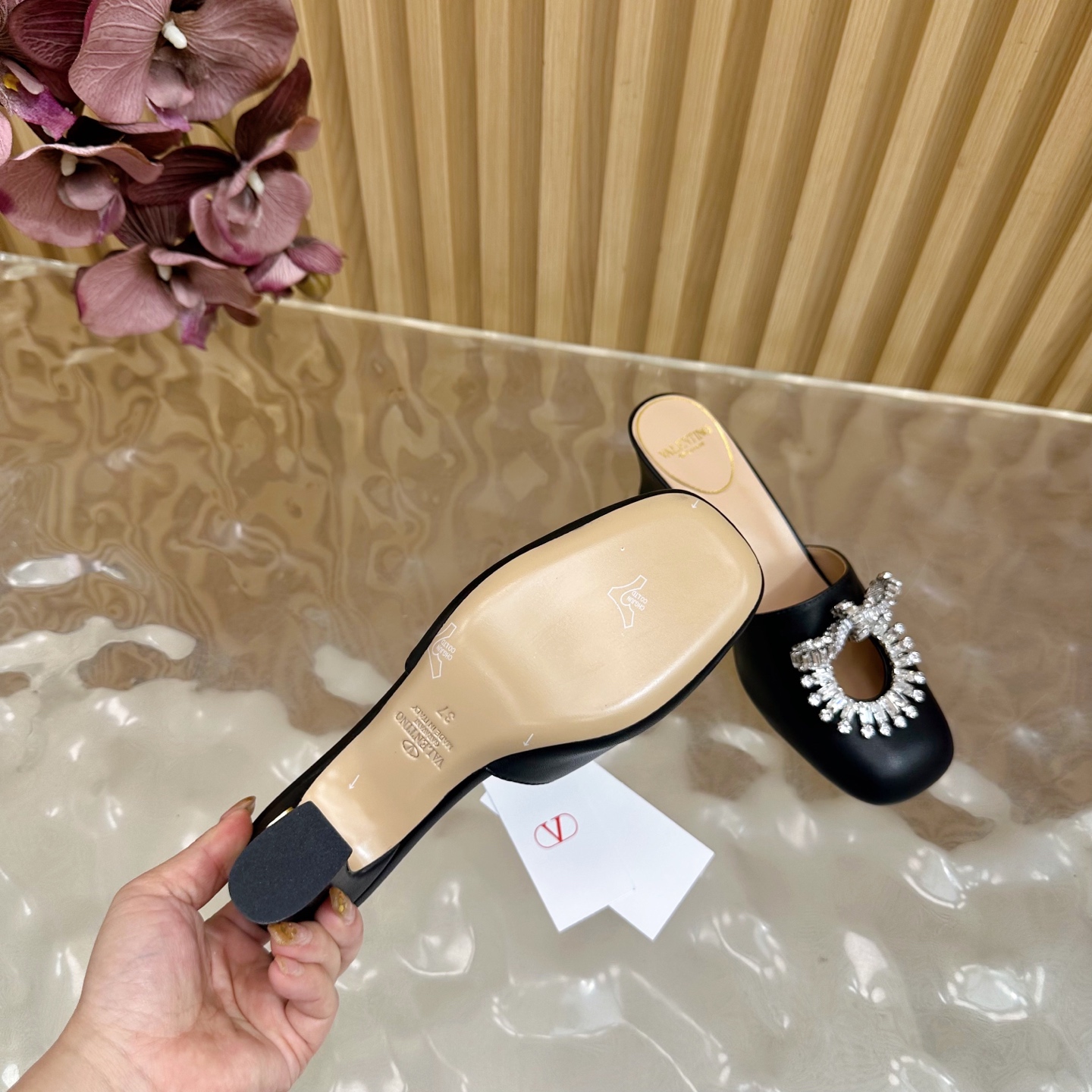 Valentino Crystal Chunky Heel Mules