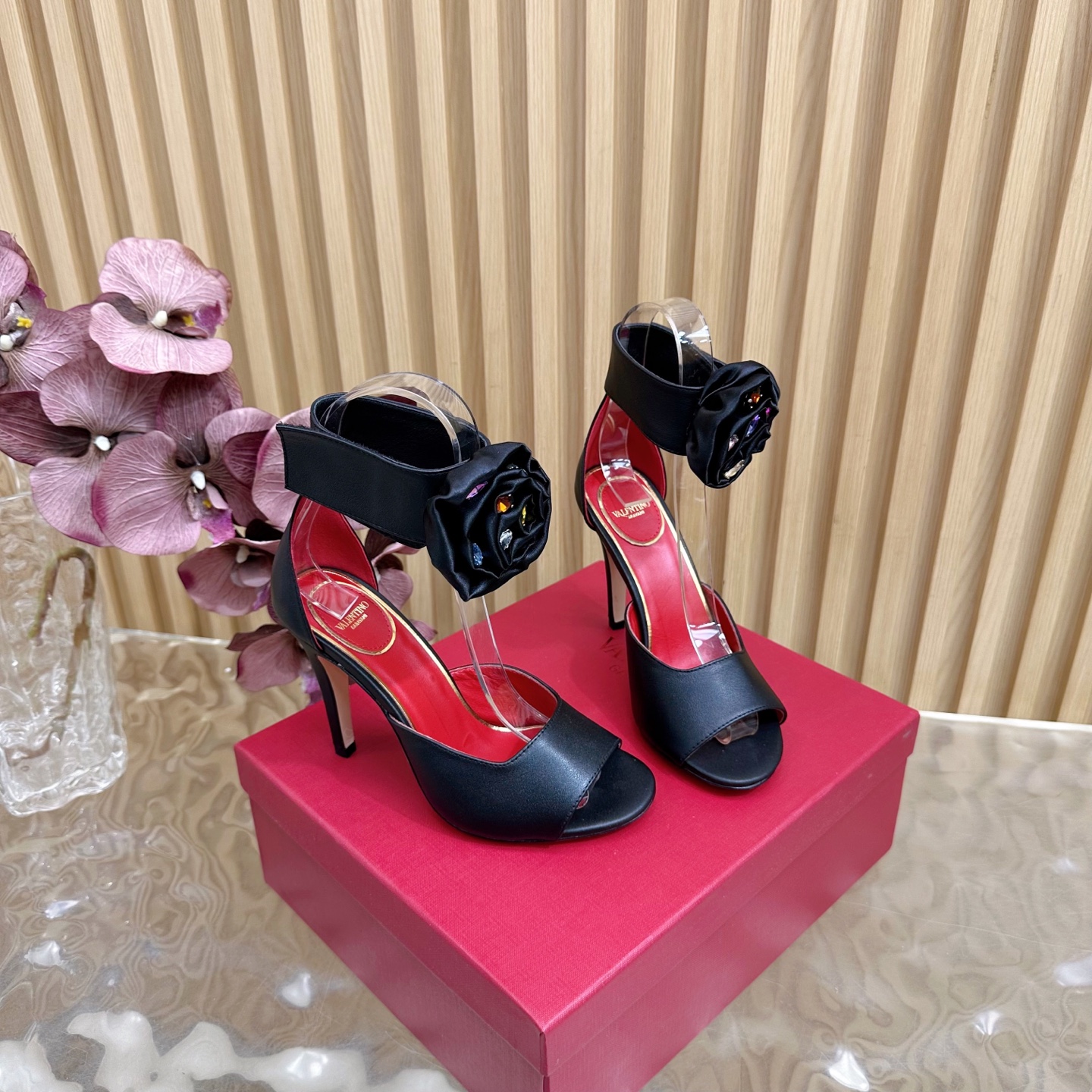 Valentino Garavani Drip Rose Kidskin Sandal with Crystals