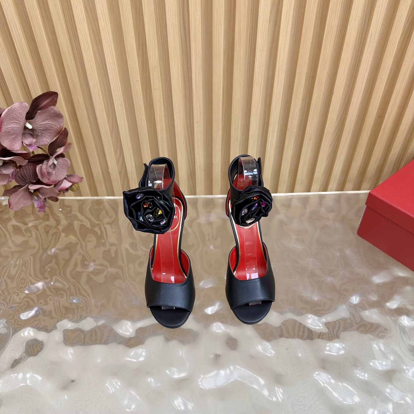 Valentino Garavani Drip Rose Kidskin Sandal with Crystals