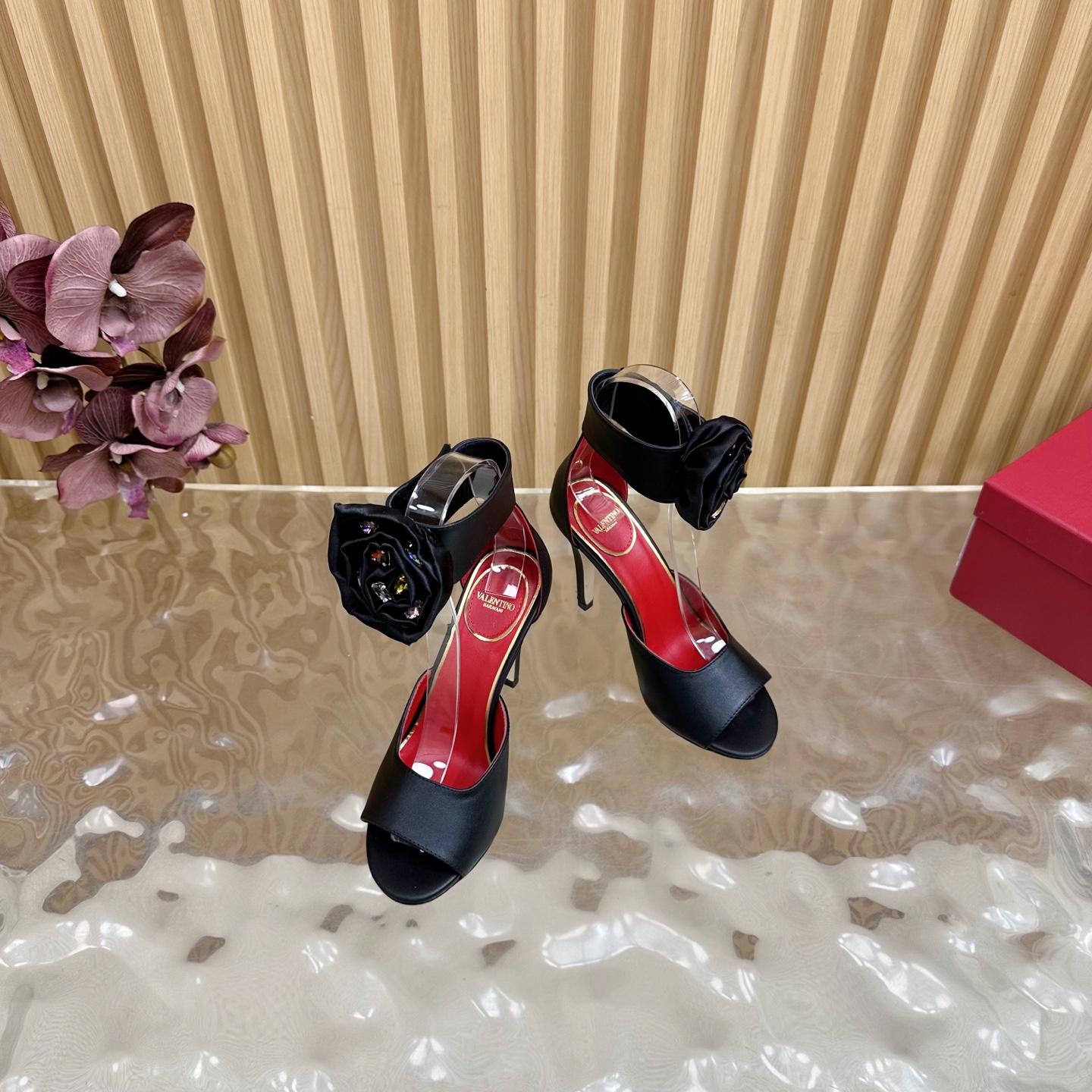 Valentino Garavani Drip Rose Kidskin Sandal with Crystals