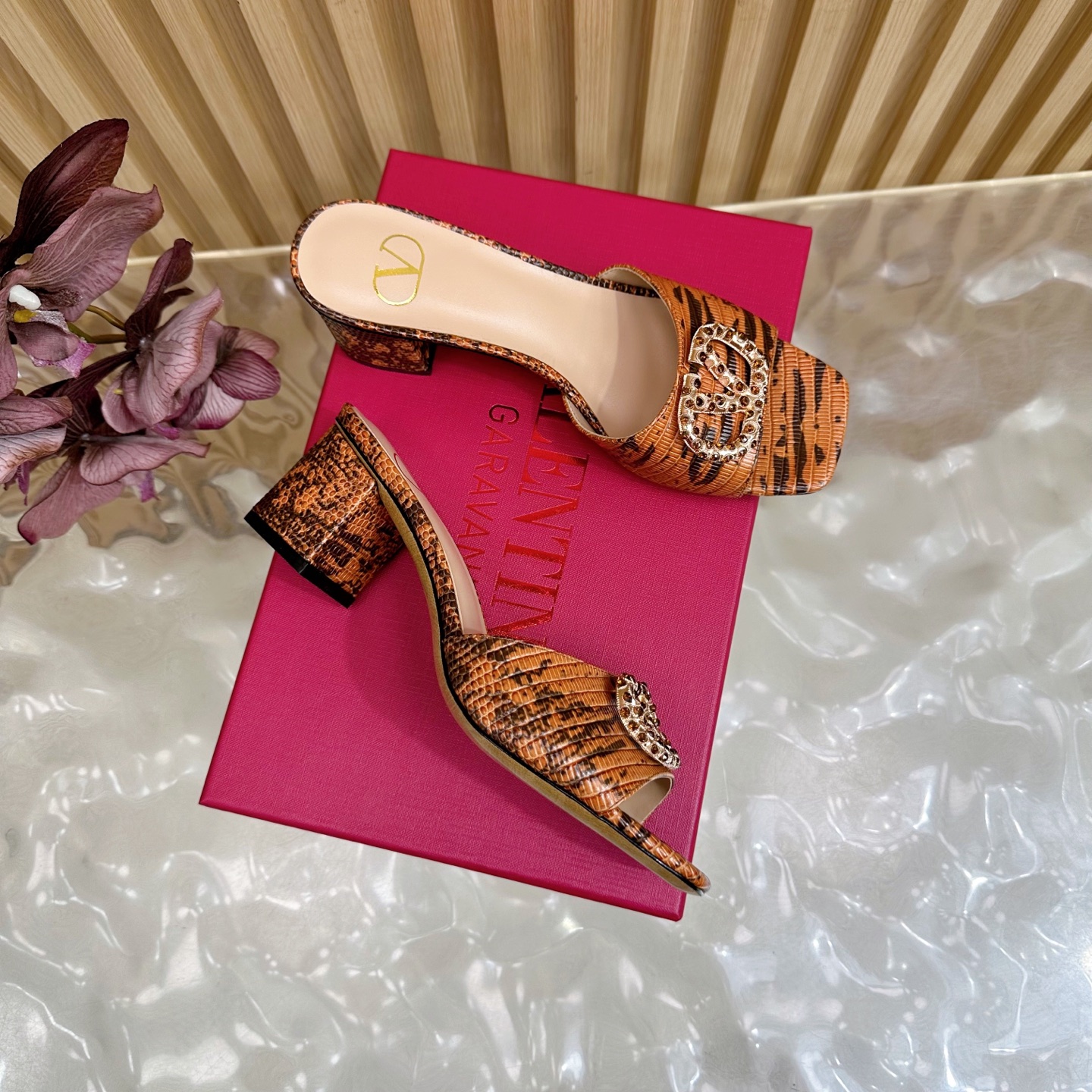 Valentino Garavani VLogo Signature Tiger-Print Crystal Buckle Mule