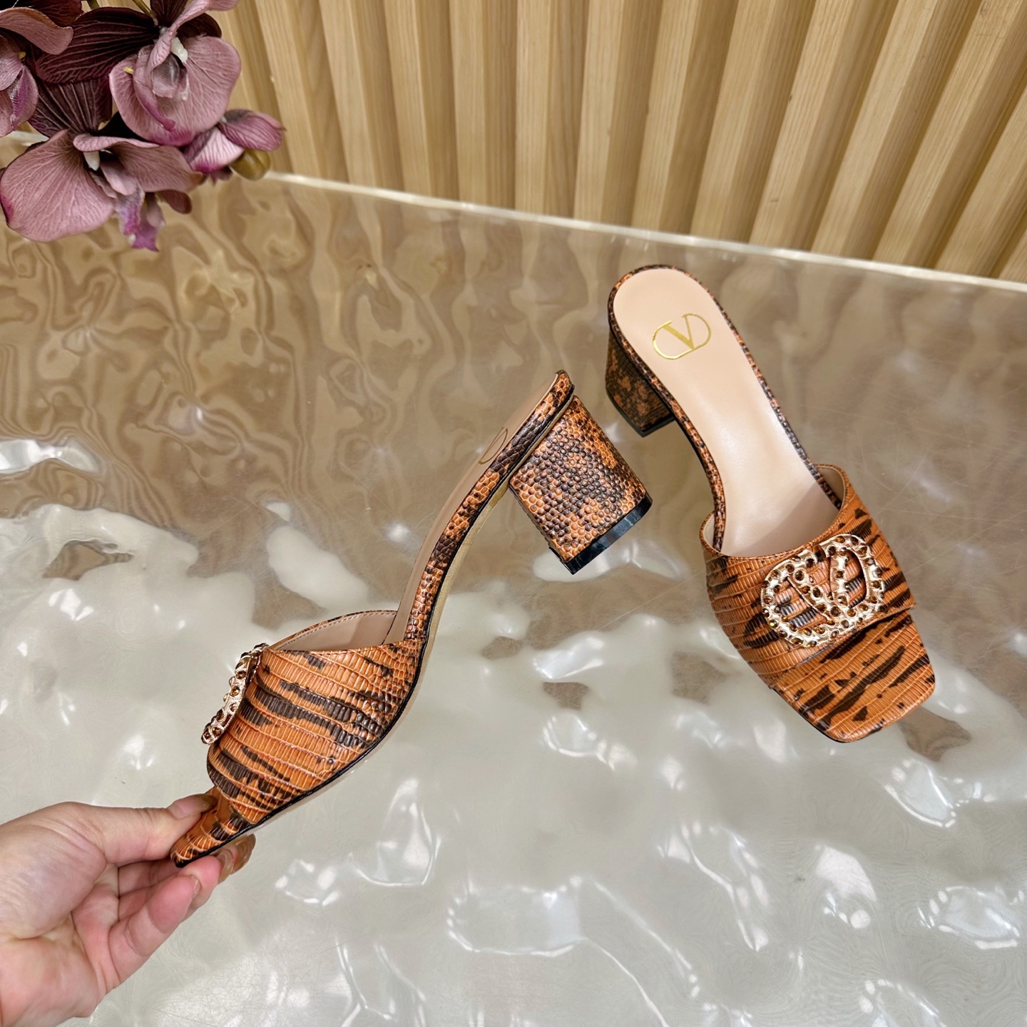 Valentino Garavani VLogo Signature Tiger-Print Crystal Buckle Mule