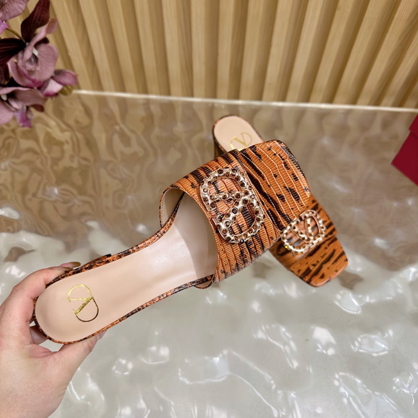 Valentino Garavani VLogo Signature Tiger-Print Crystal Buckle Mule