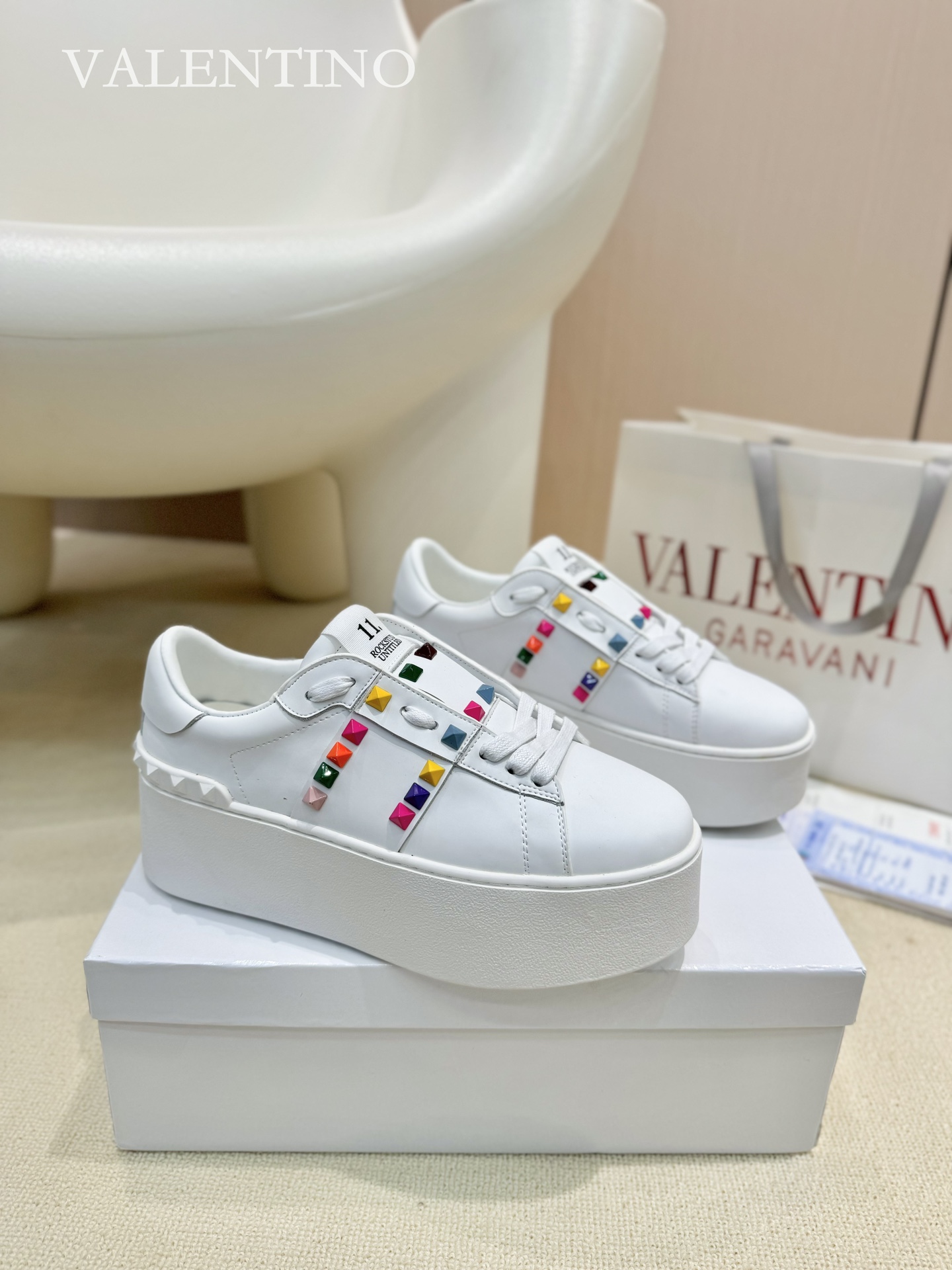 Valentino Spring/Summer Chunky-Soled Studded Sneakers in White