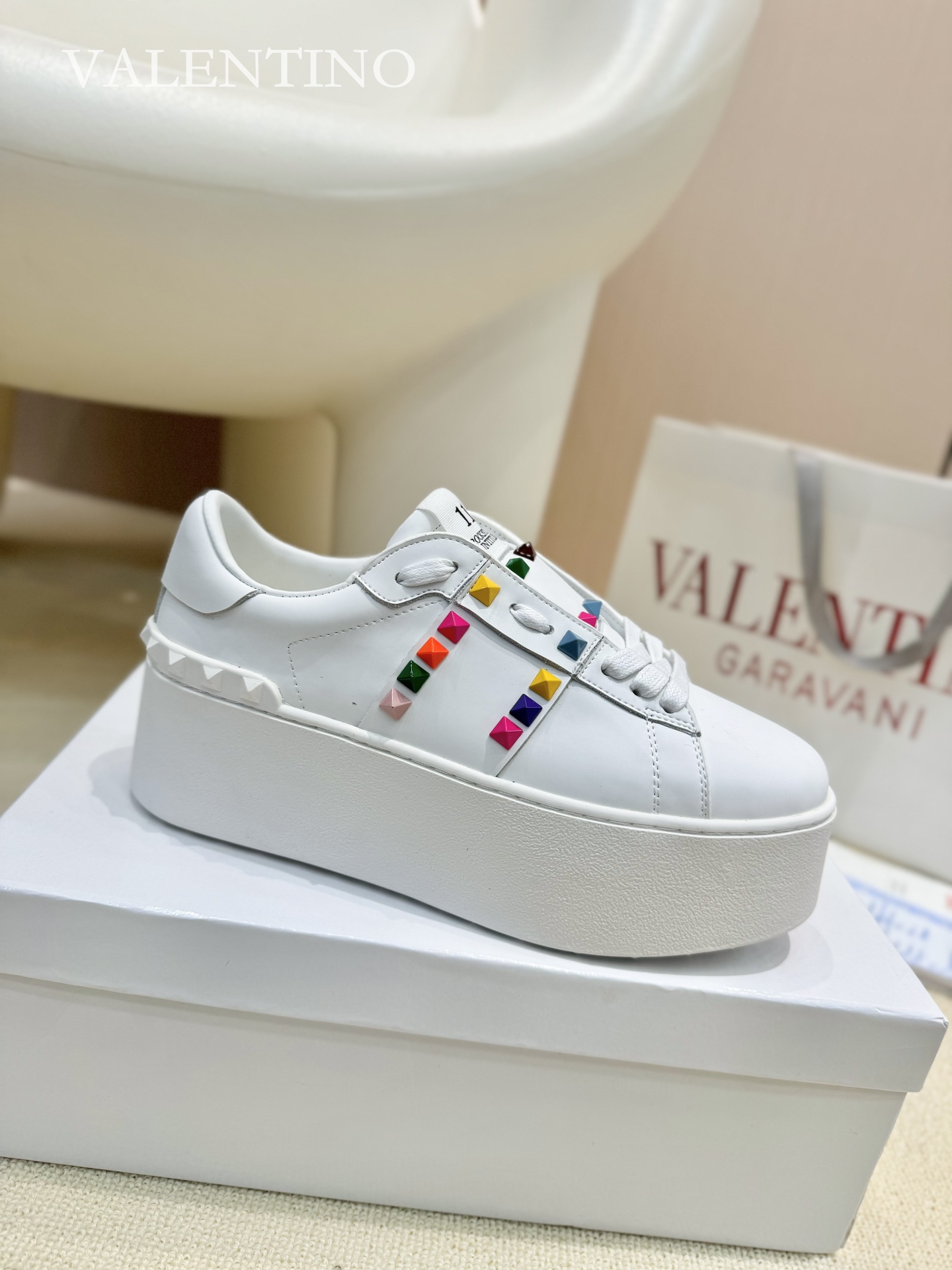 Valentino Spring/Summer Chunky-Soled Studded Sneakers in White