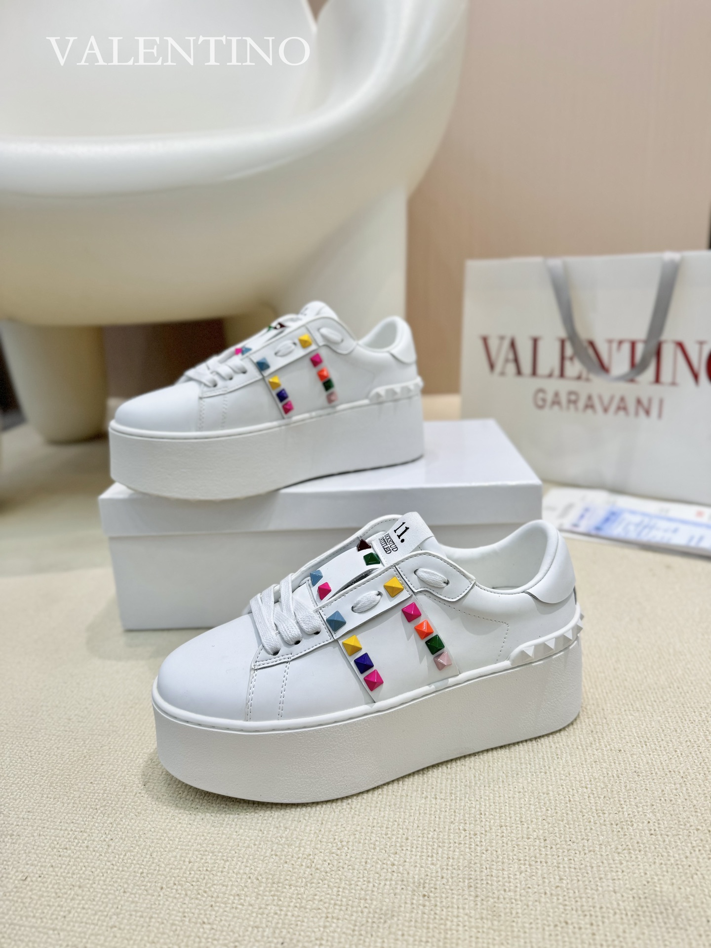 Valentino Spring/Summer Chunky-Soled Studded Sneakers in White
