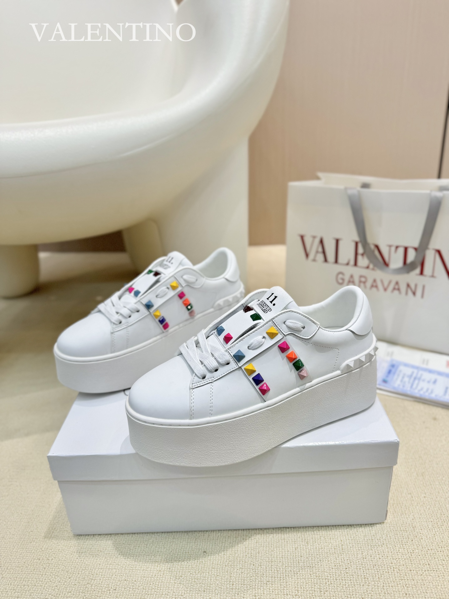 Valentino Spring/Summer Chunky-Soled Studded Sneakers in White