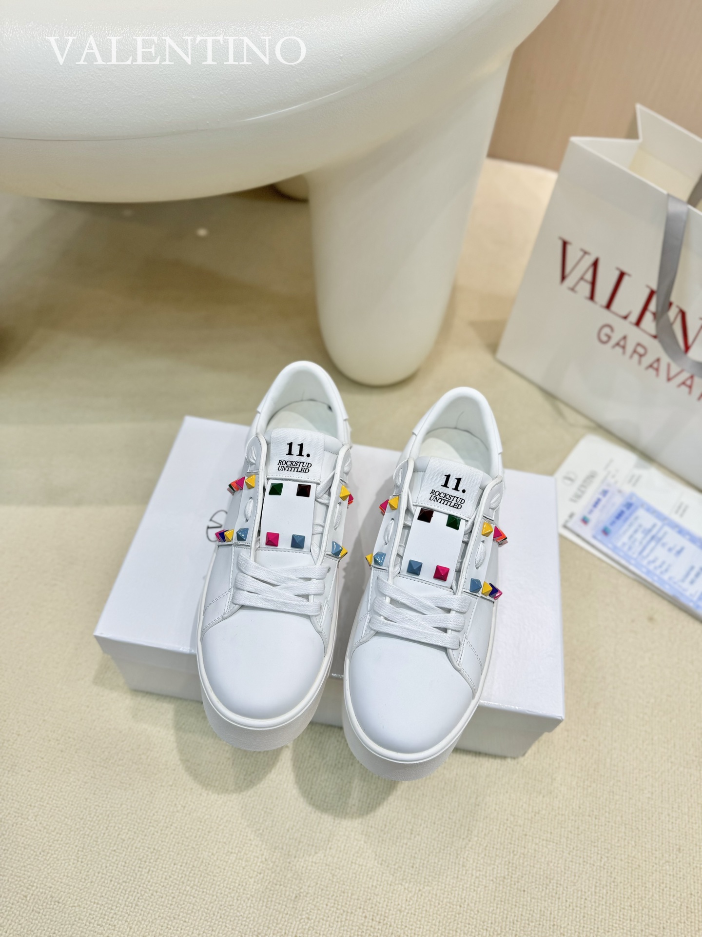 Valentino Spring/Summer Chunky-Soled Studded Sneakers in White