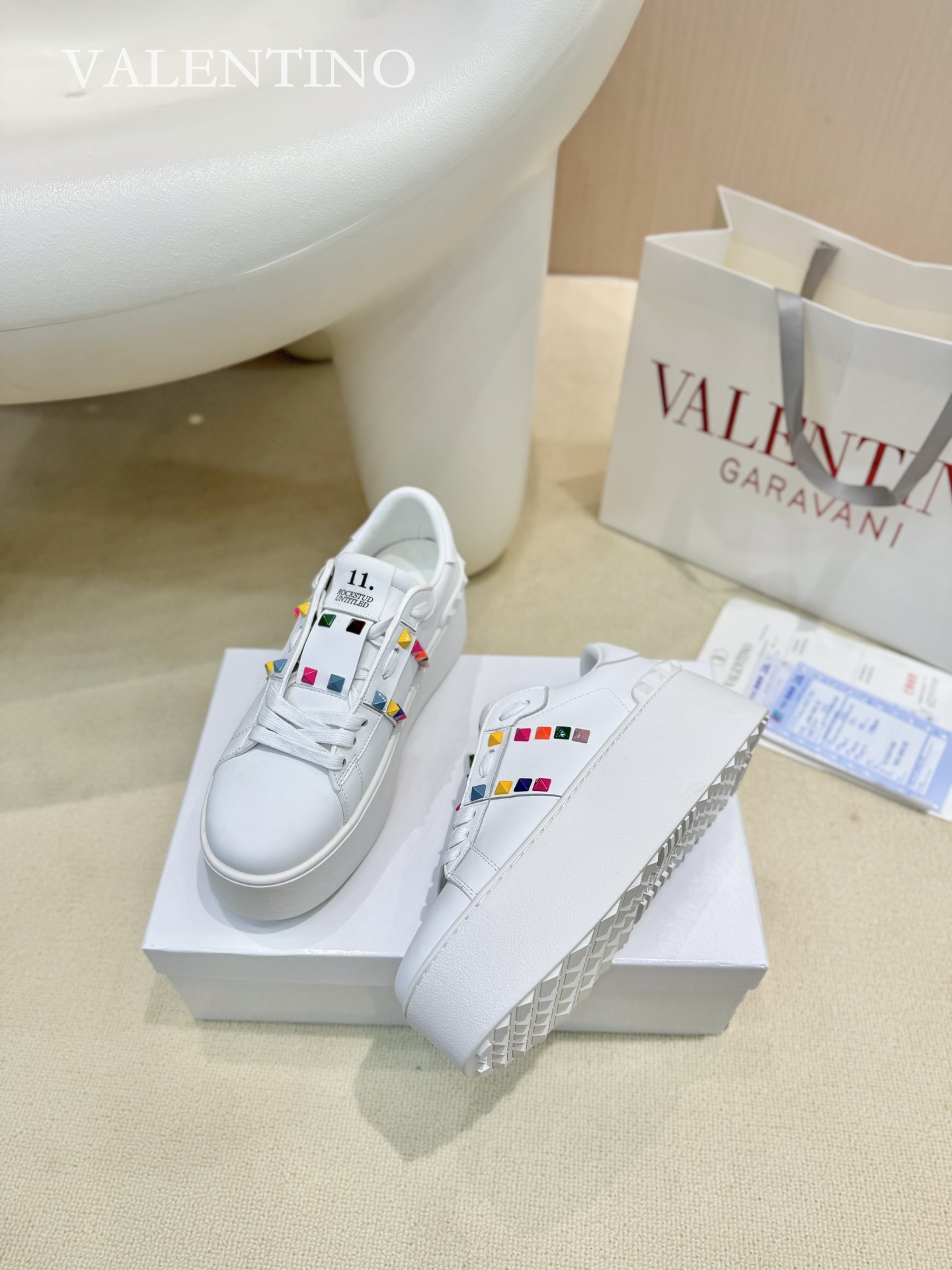 Valentino Spring/Summer Chunky-Soled Studded Sneakers in White