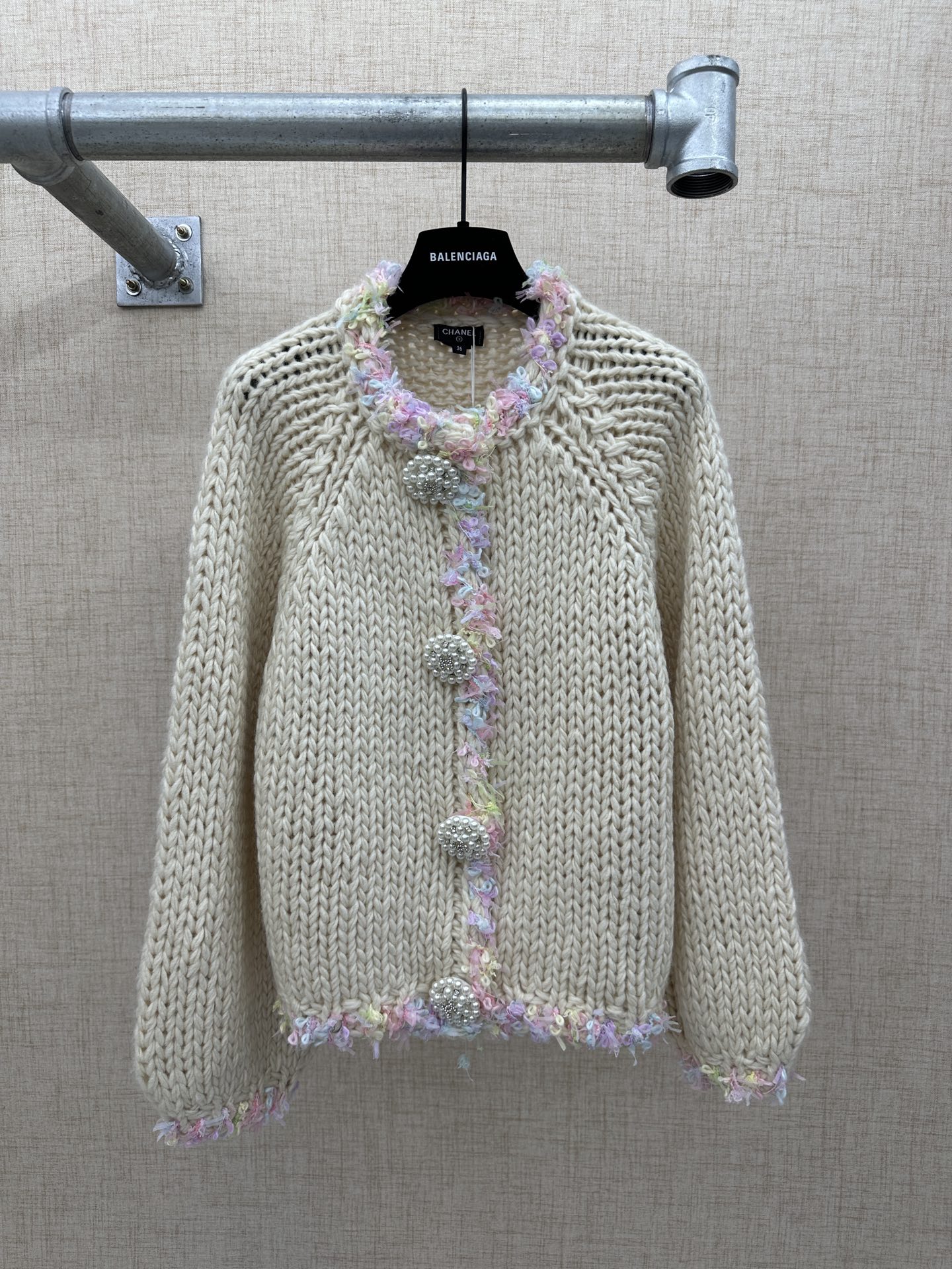 Chanel Colorful Fringe Trim/Pearl Buttons Cream Chunky Knit Cardigan
