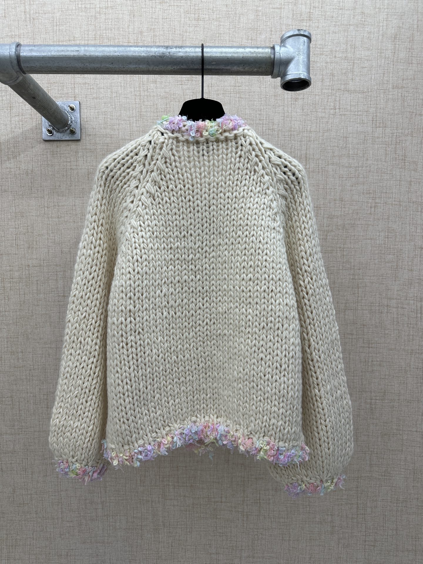 Chanel Colorful Fringe Trim/Pearl Buttons Cream Chunky Knit Cardigan