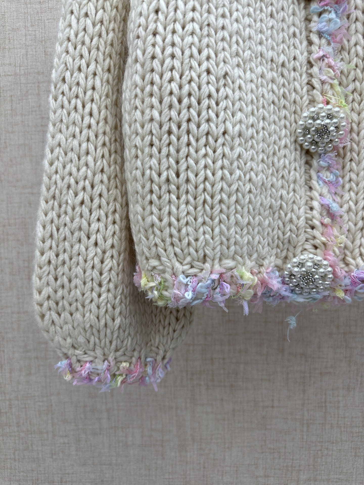 Chanel Colorful Fringe Trim/Pearl Buttons Cream Chunky Knit Cardigan