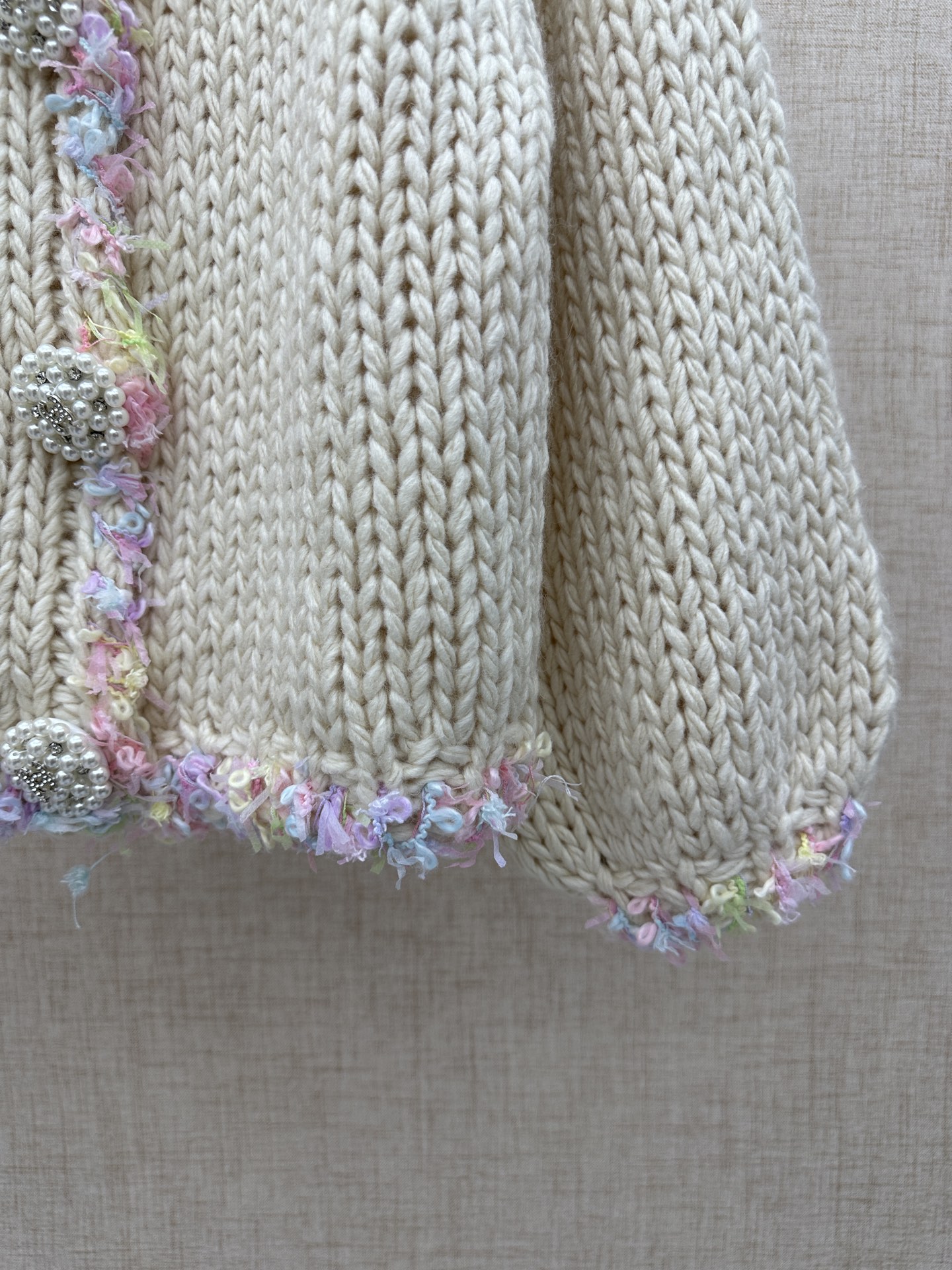 Chanel Colorful Fringe Trim/Pearl Buttons Cream Chunky Knit Cardigan