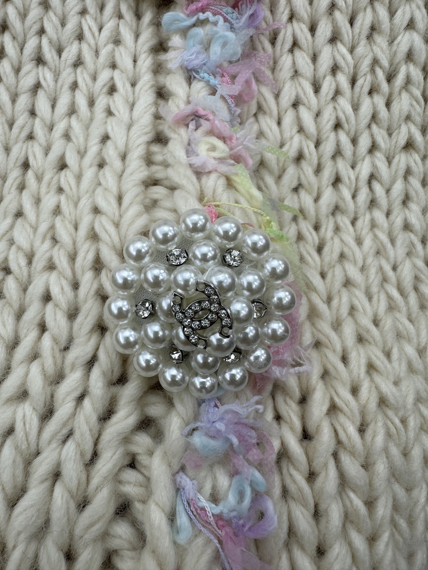 Chanel Colorful Fringe Trim/Pearl Buttons Cream Chunky Knit Cardigan