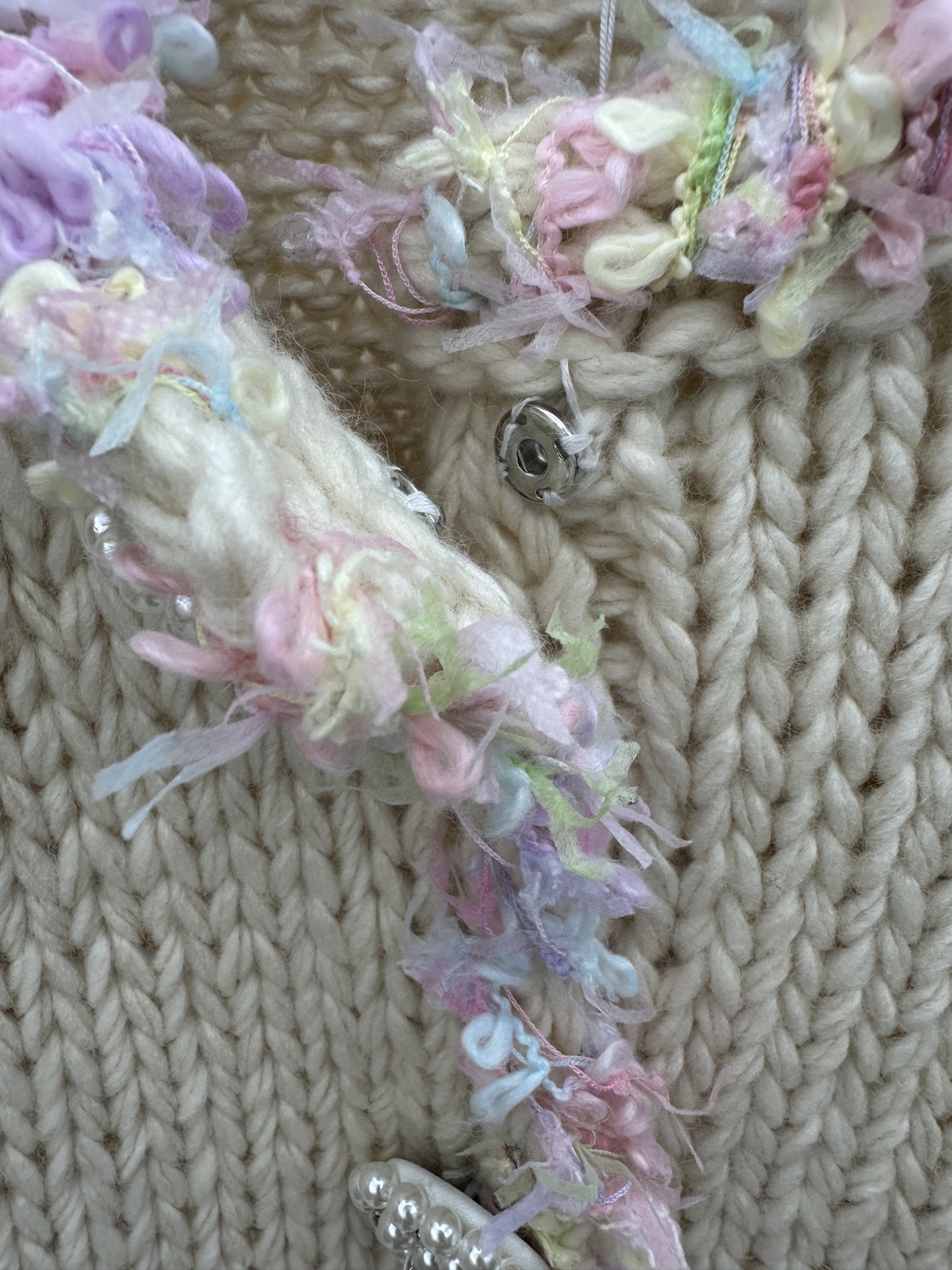 Chanel Colorful Fringe Trim/Pearl Buttons Cream Chunky Knit Cardigan