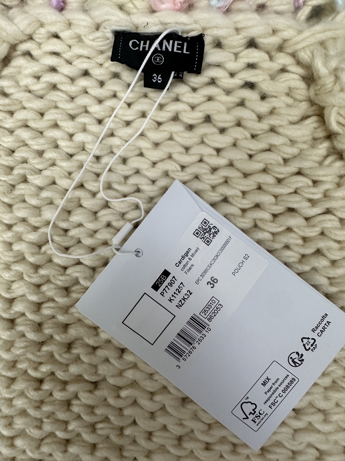 Chanel Colorful Fringe Trim/Pearl Buttons Cream Chunky Knit Cardigan