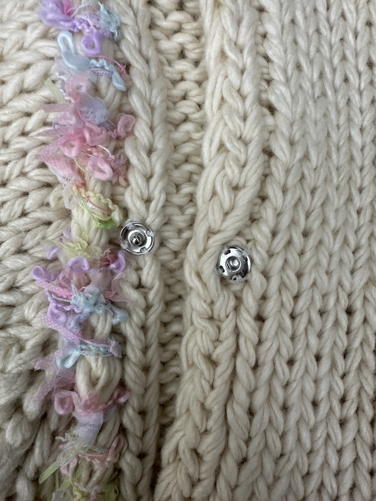 Chanel Colorful Fringe Trim/Pearl Buttons Cream Chunky Knit Cardigan