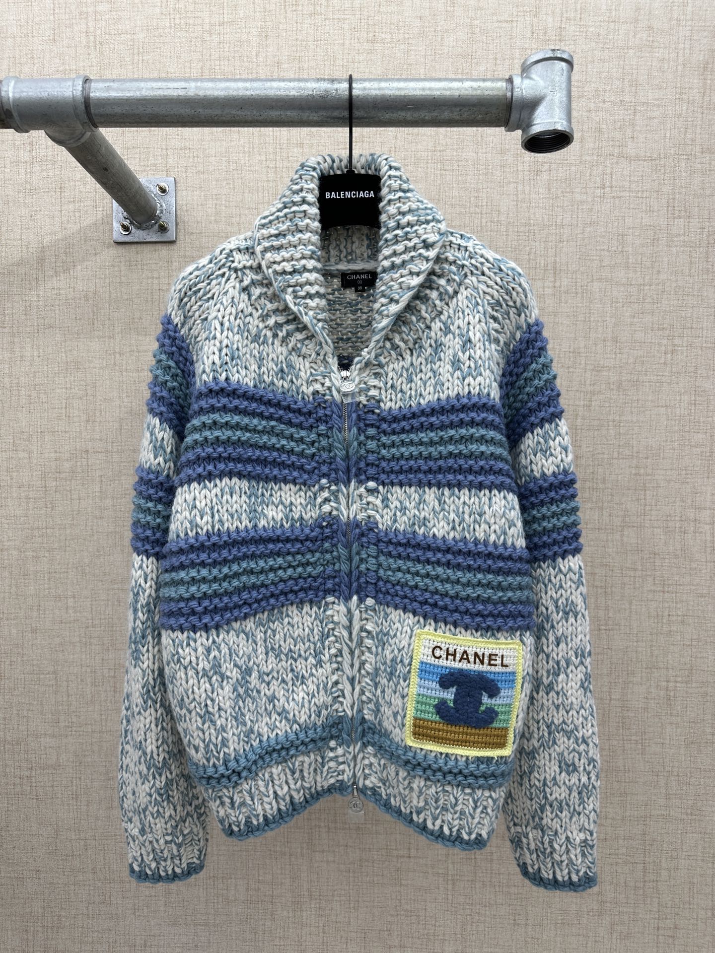 Chanel Blue-White Gradient Stripes/Double C Patch Zippered Chunky Knit Cardigan