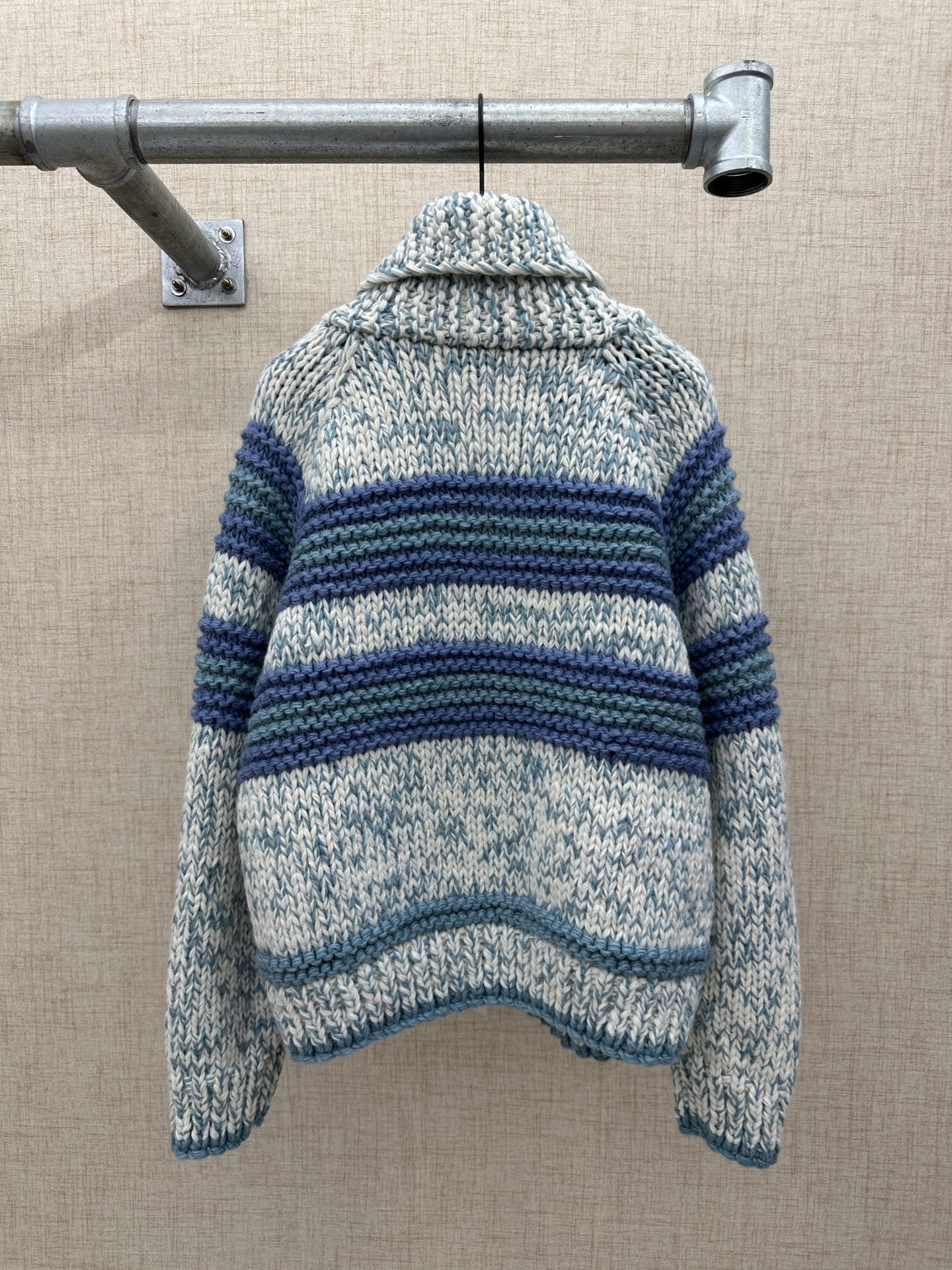 Chanel Blue-White Gradient Stripes/Double C Patch Zippered Chunky Knit Cardigan