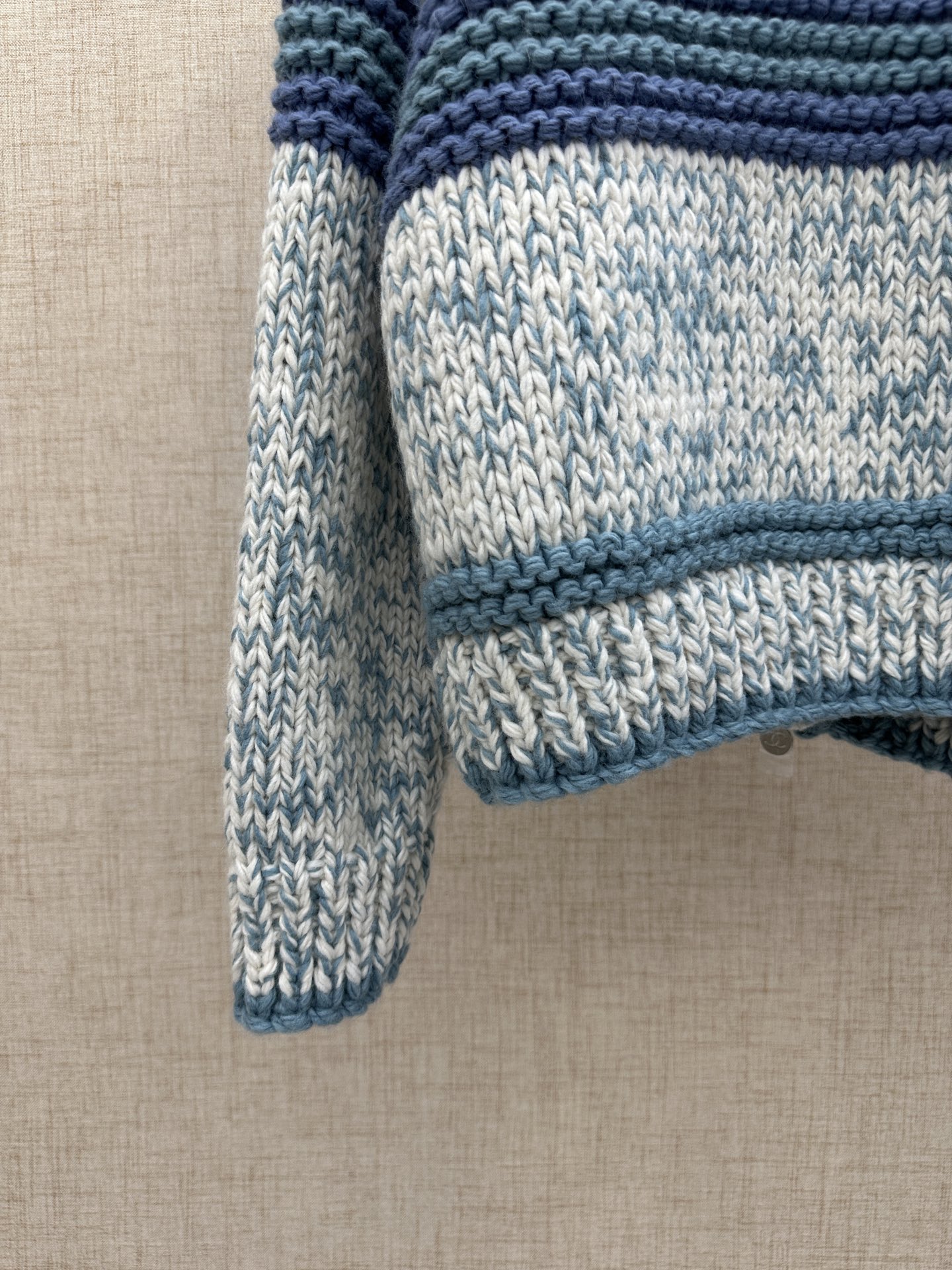 Chanel Blue-White Gradient Stripes/Double C Patch Zippered Chunky Knit Cardigan