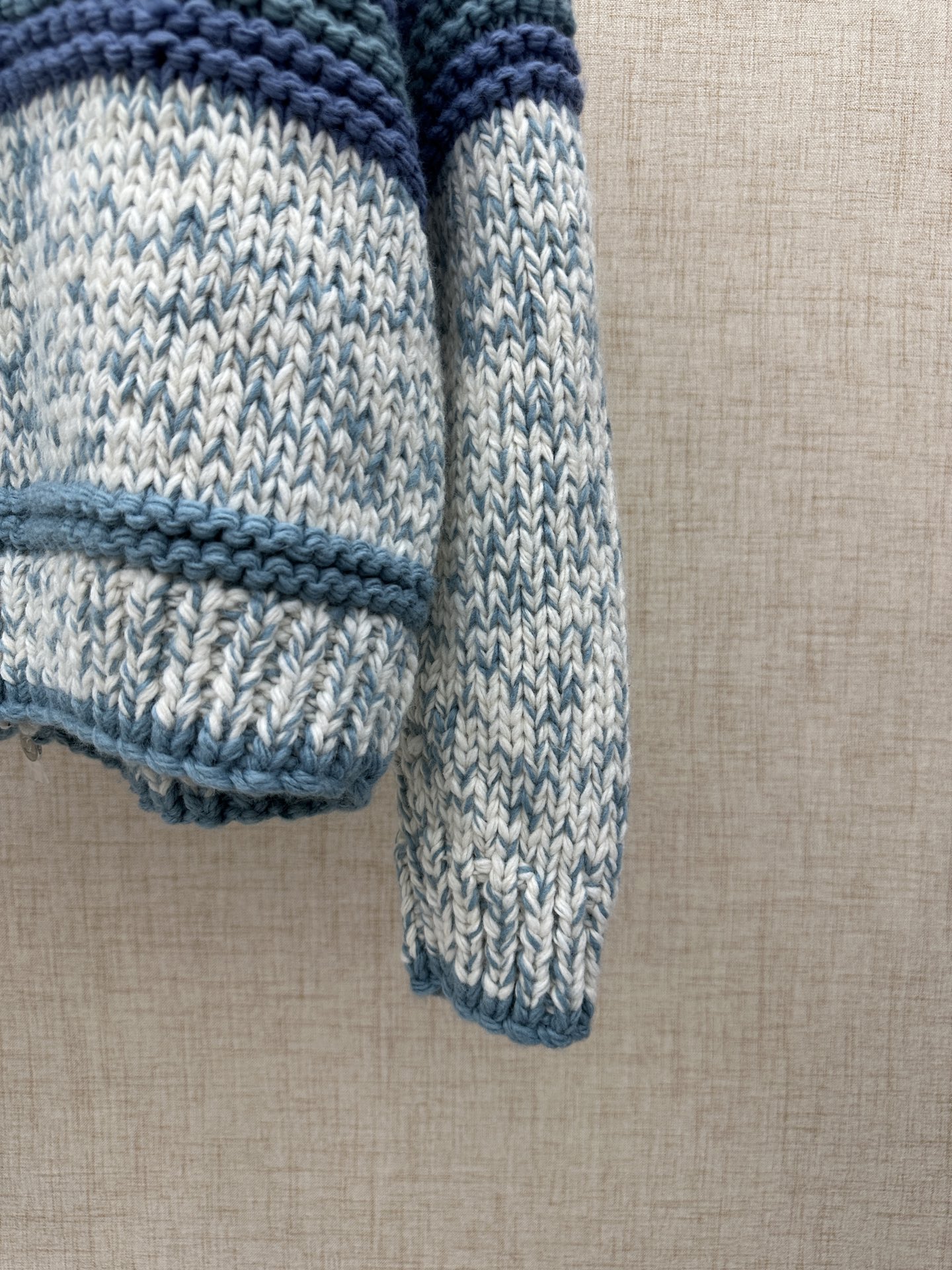 Chanel Blue-White Gradient Stripes/Double C Patch Zippered Chunky Knit Cardigan