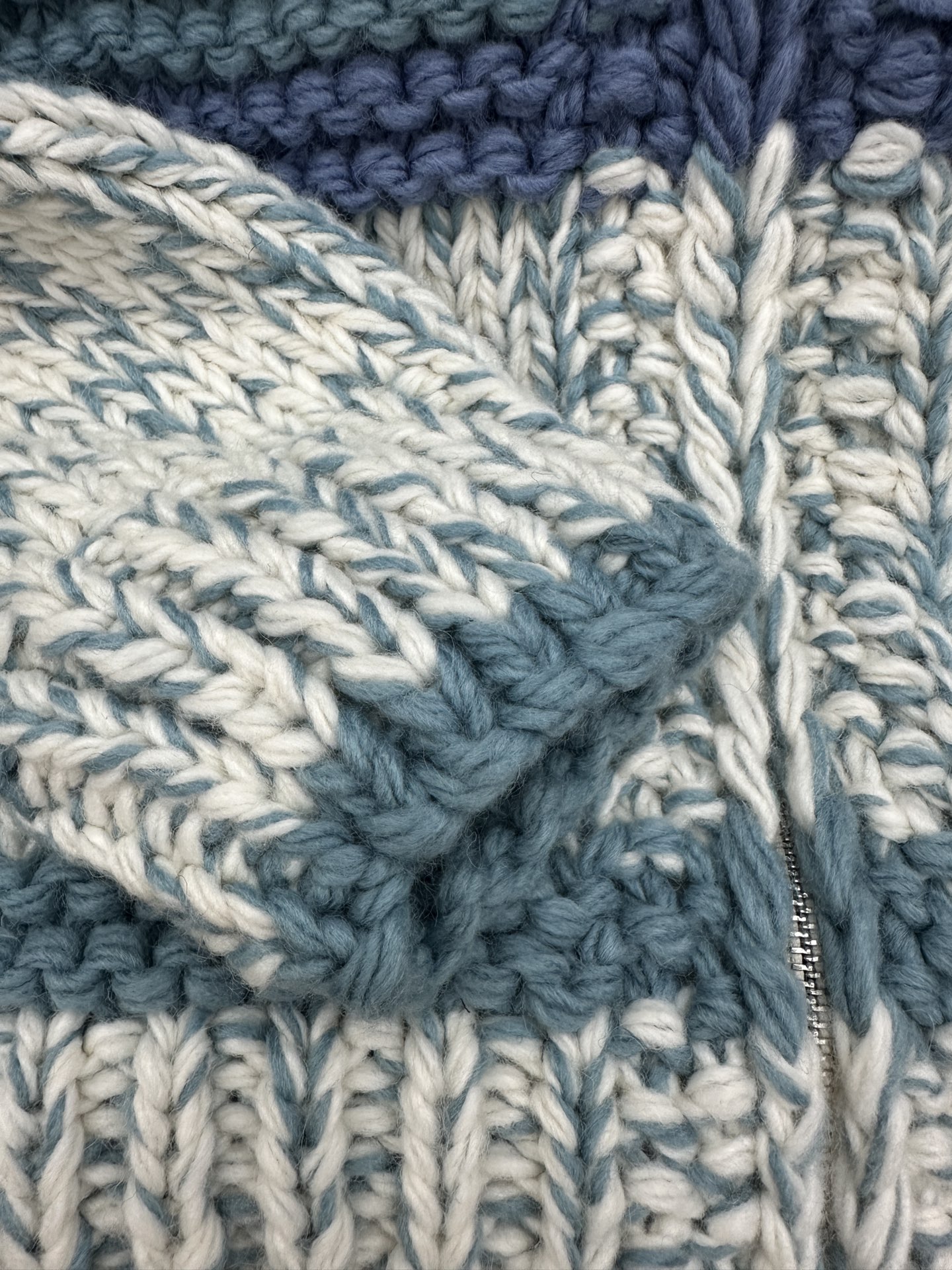 Chanel Blue-White Gradient Stripes/Double C Patch Zippered Chunky Knit Cardigan