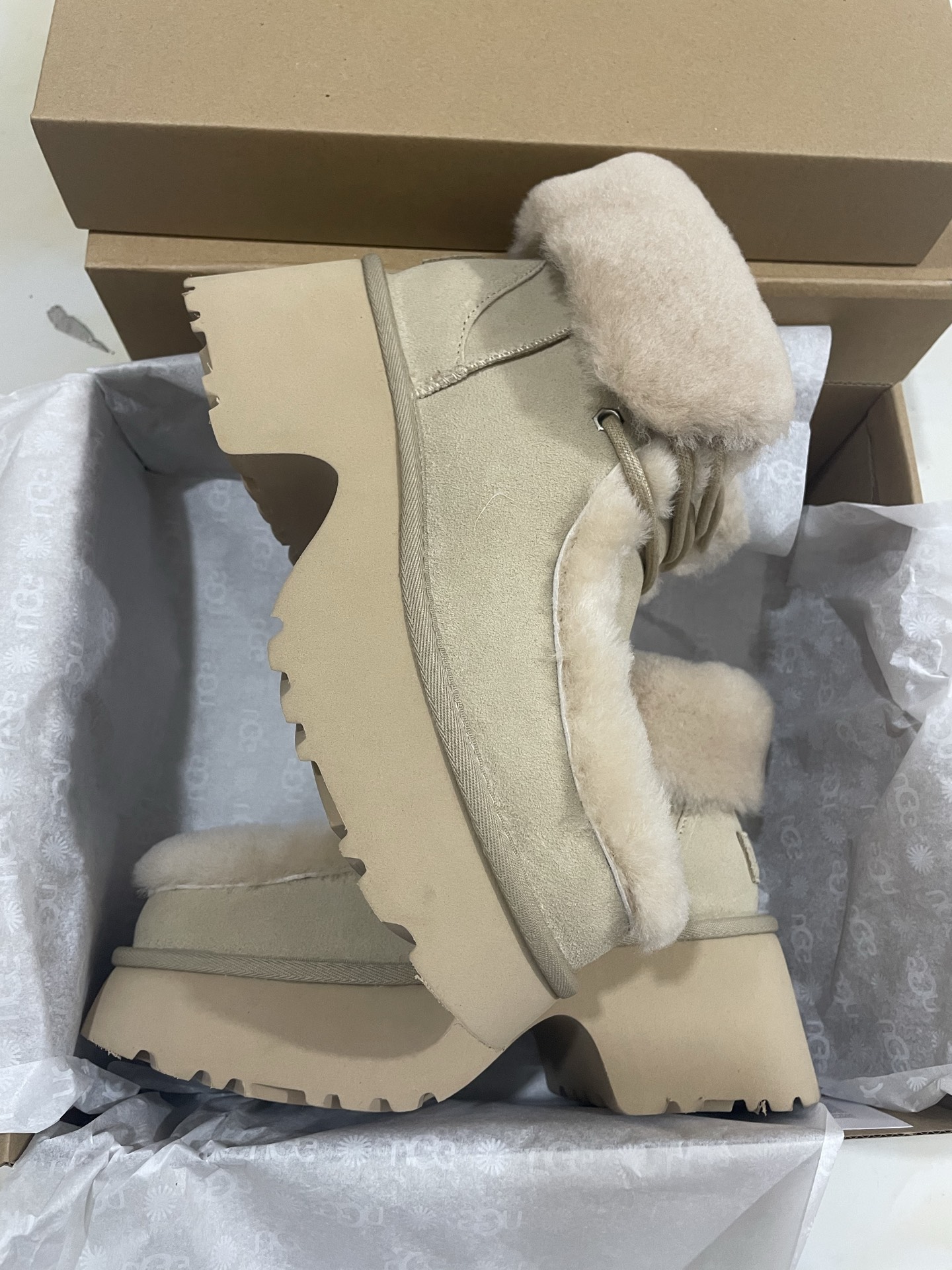 UGG Sheepskin Fur Thick-Sole Elevated Furry Lace-Up Women's Snow Boots