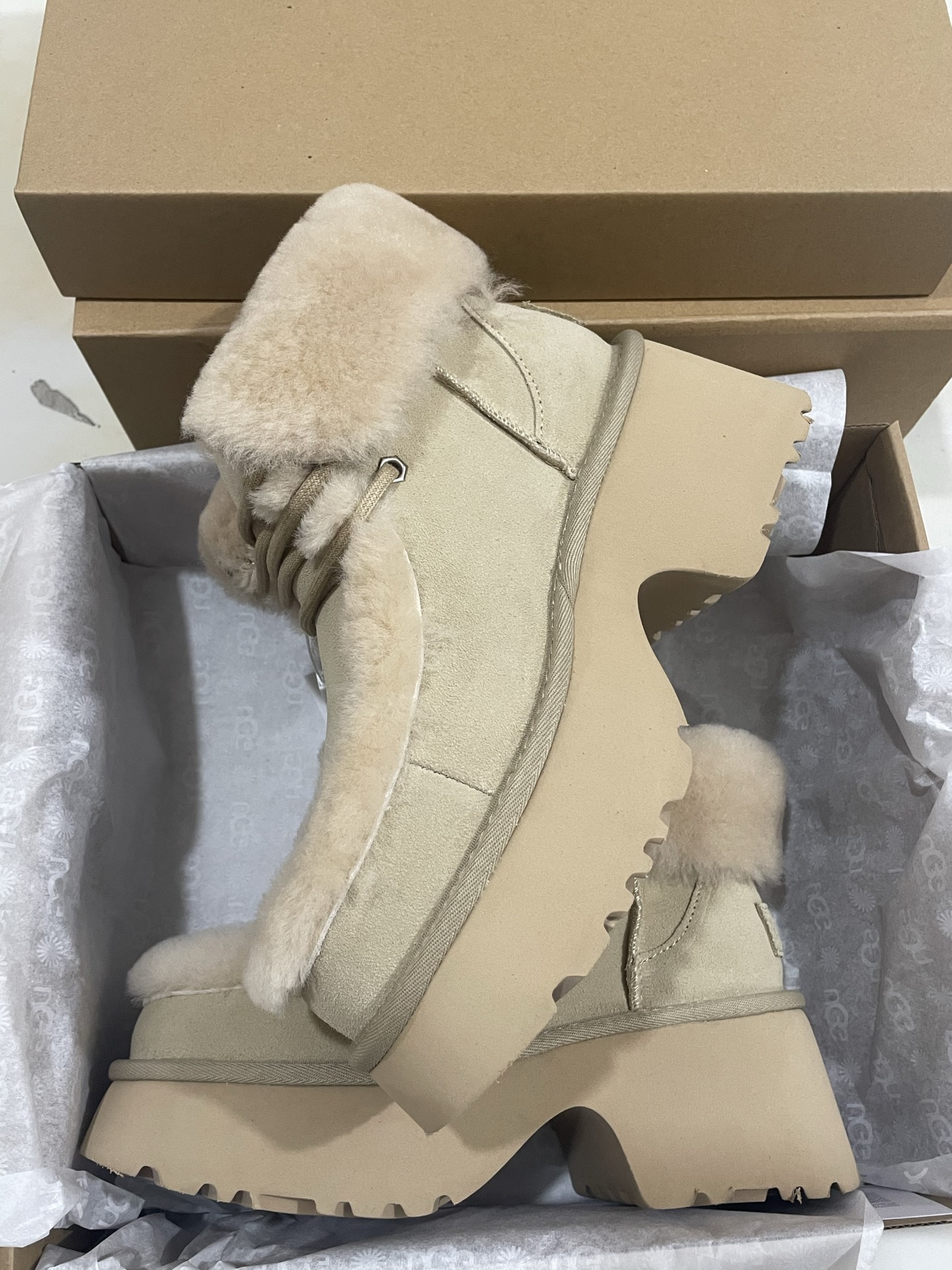 UGG Sheepskin Fur Thick-Sole Elevated Furry Lace-Up Women's Snow Boots