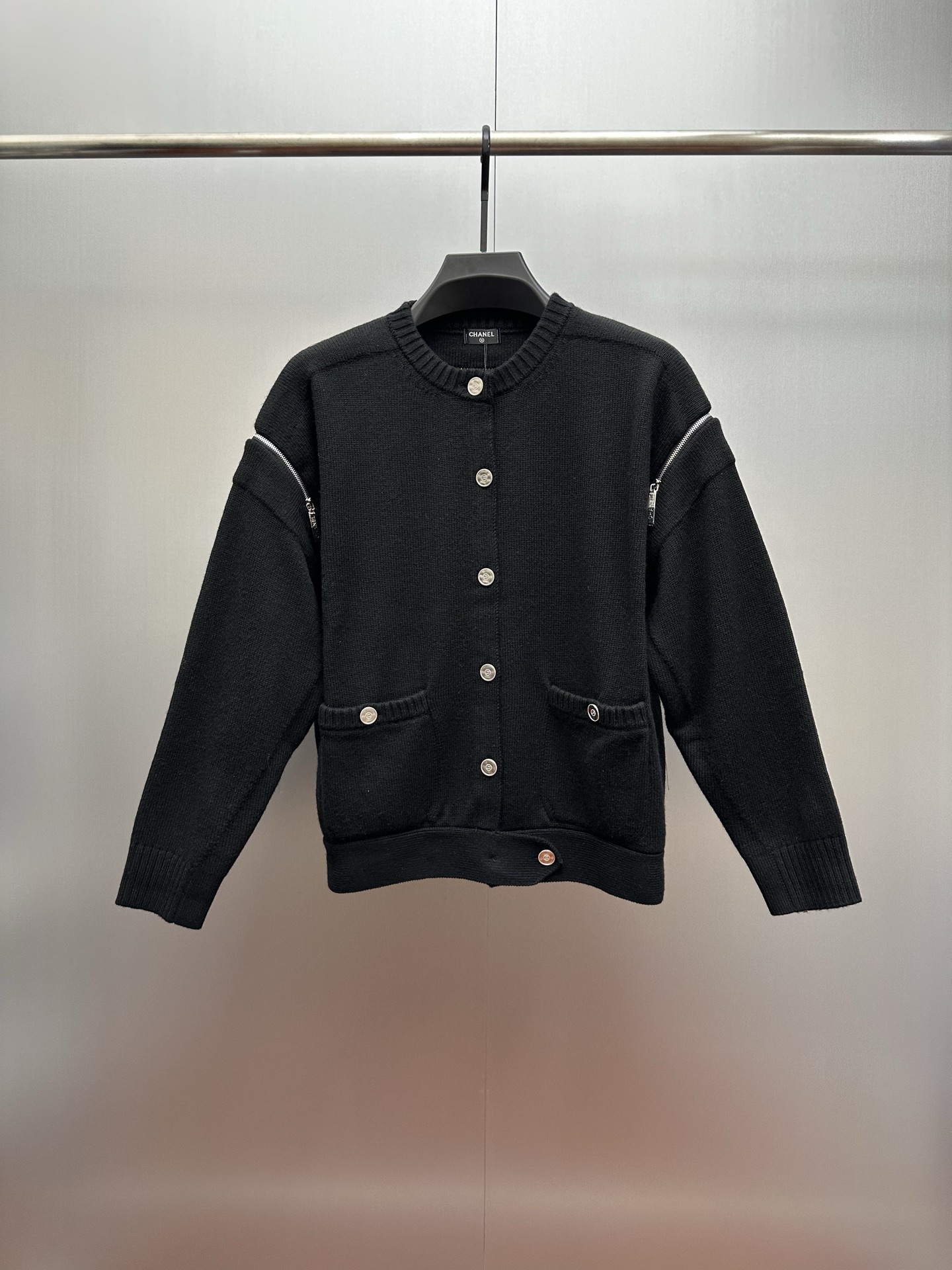 Chanel Round Neck Knit Cardigan with Cuff Zipper Detail & Logo Buttons