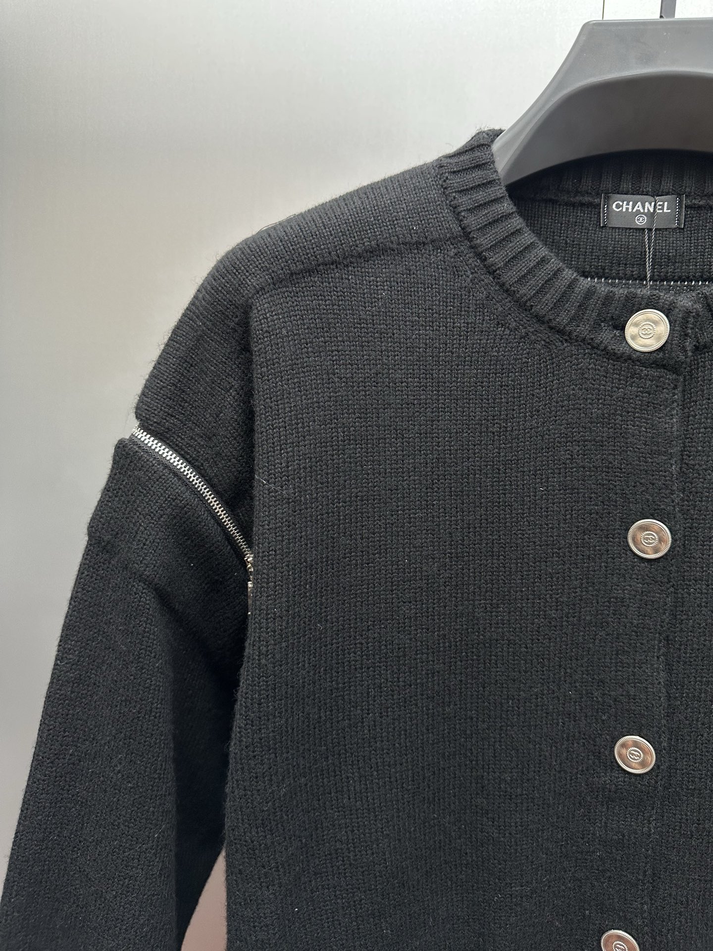 Chanel Round Neck Knit Cardigan with Cuff Zipper Detail & Logo Buttons