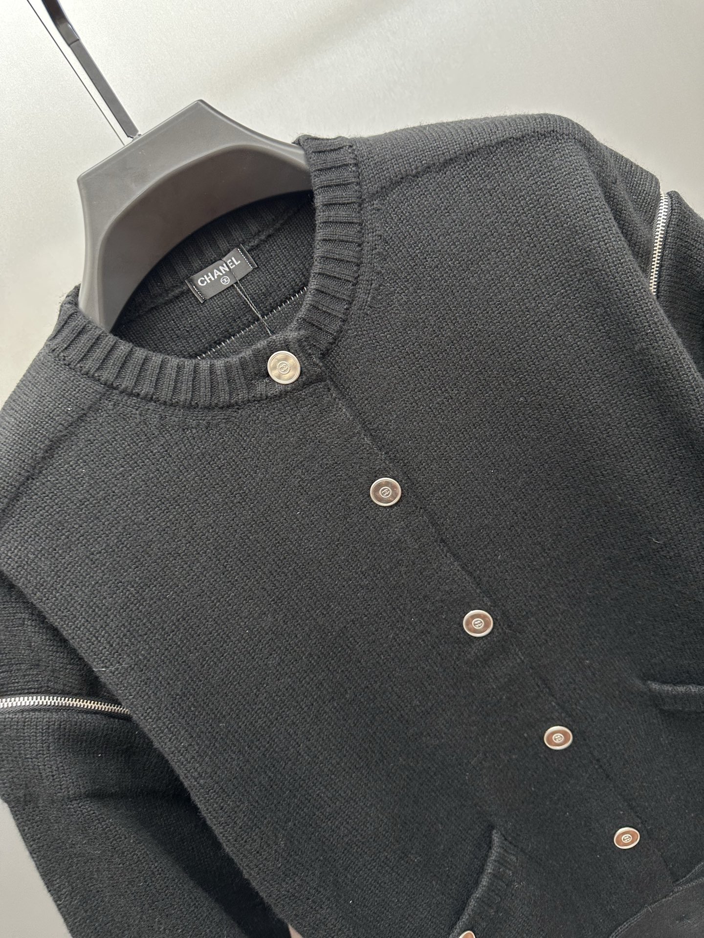 Chanel Round Neck Knit Cardigan with Cuff Zipper Detail & Logo Buttons