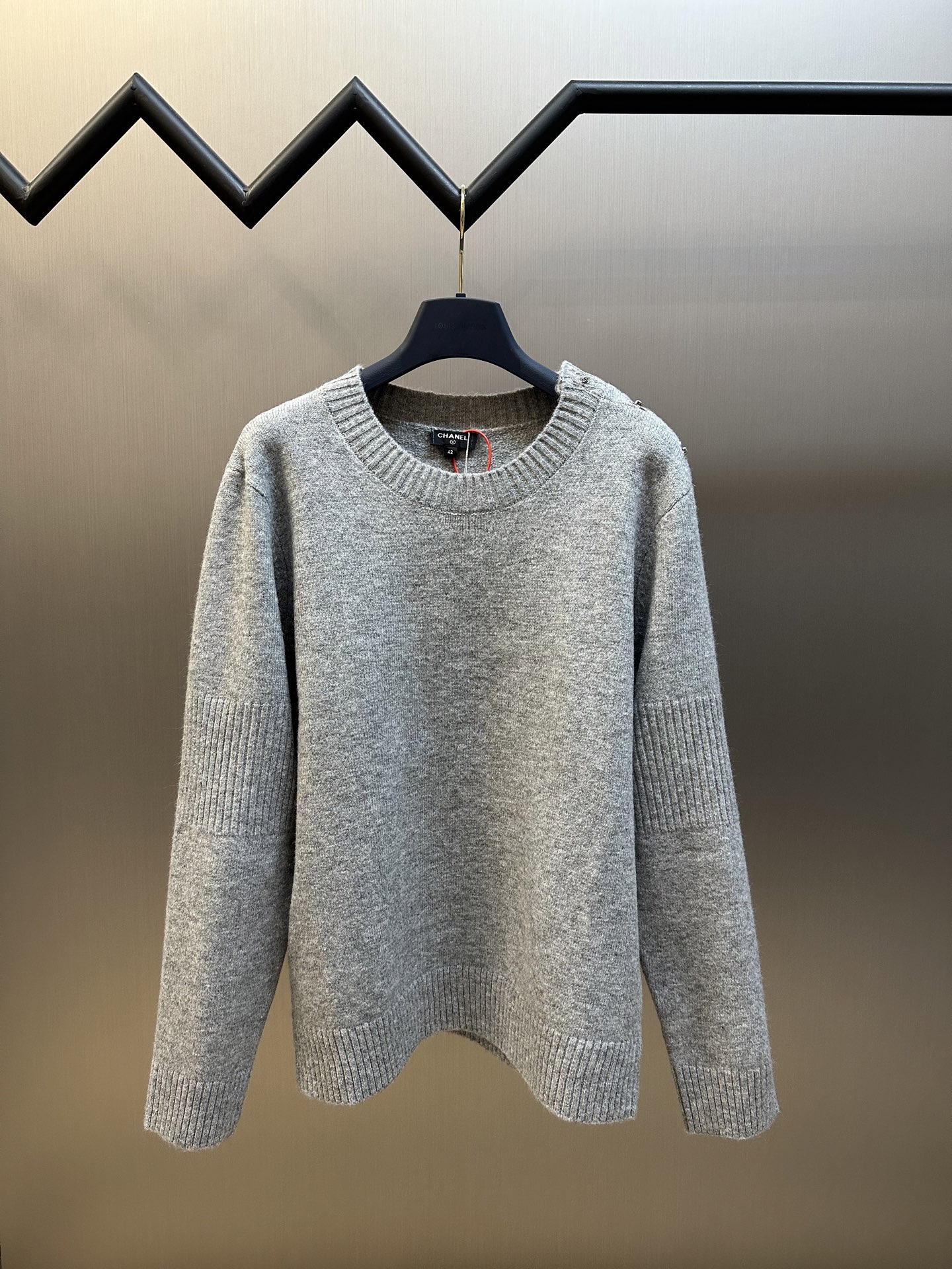 Chanel Round Neck Knit Sweater with Shoulder Stud Detail & Ribbed Panel