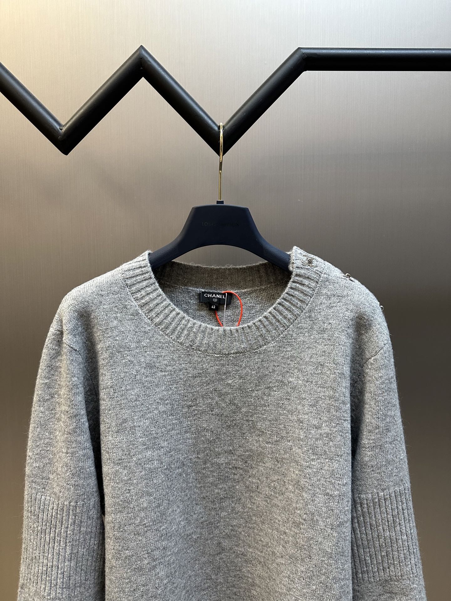 Chanel Round Neck Knit Sweater with Shoulder Stud Detail & Ribbed Panel