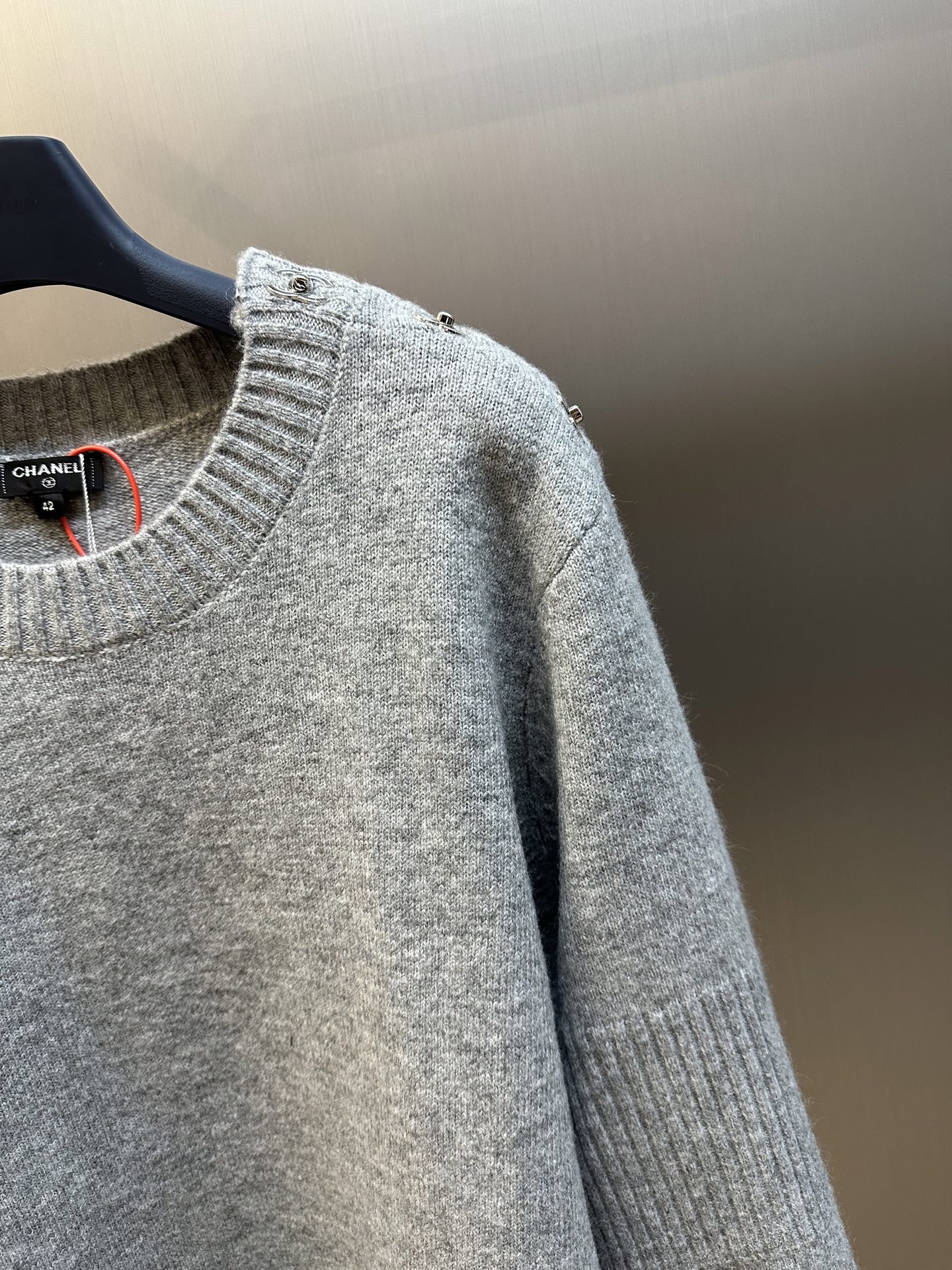 Chanel Round Neck Knit Sweater with Shoulder Stud Detail & Ribbed Panel