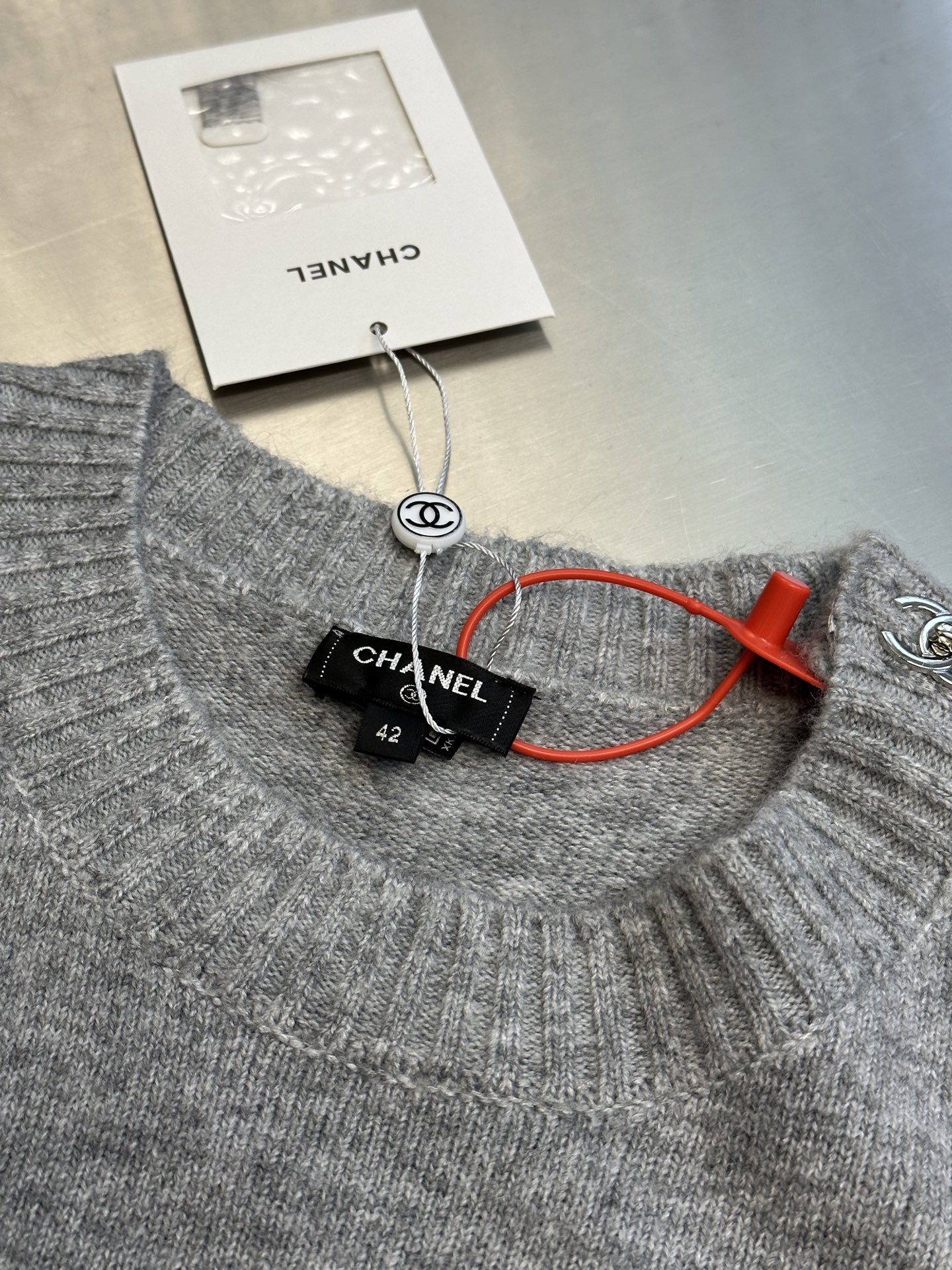 Chanel Round Neck Knit Sweater with Shoulder Stud Detail & Ribbed Panel