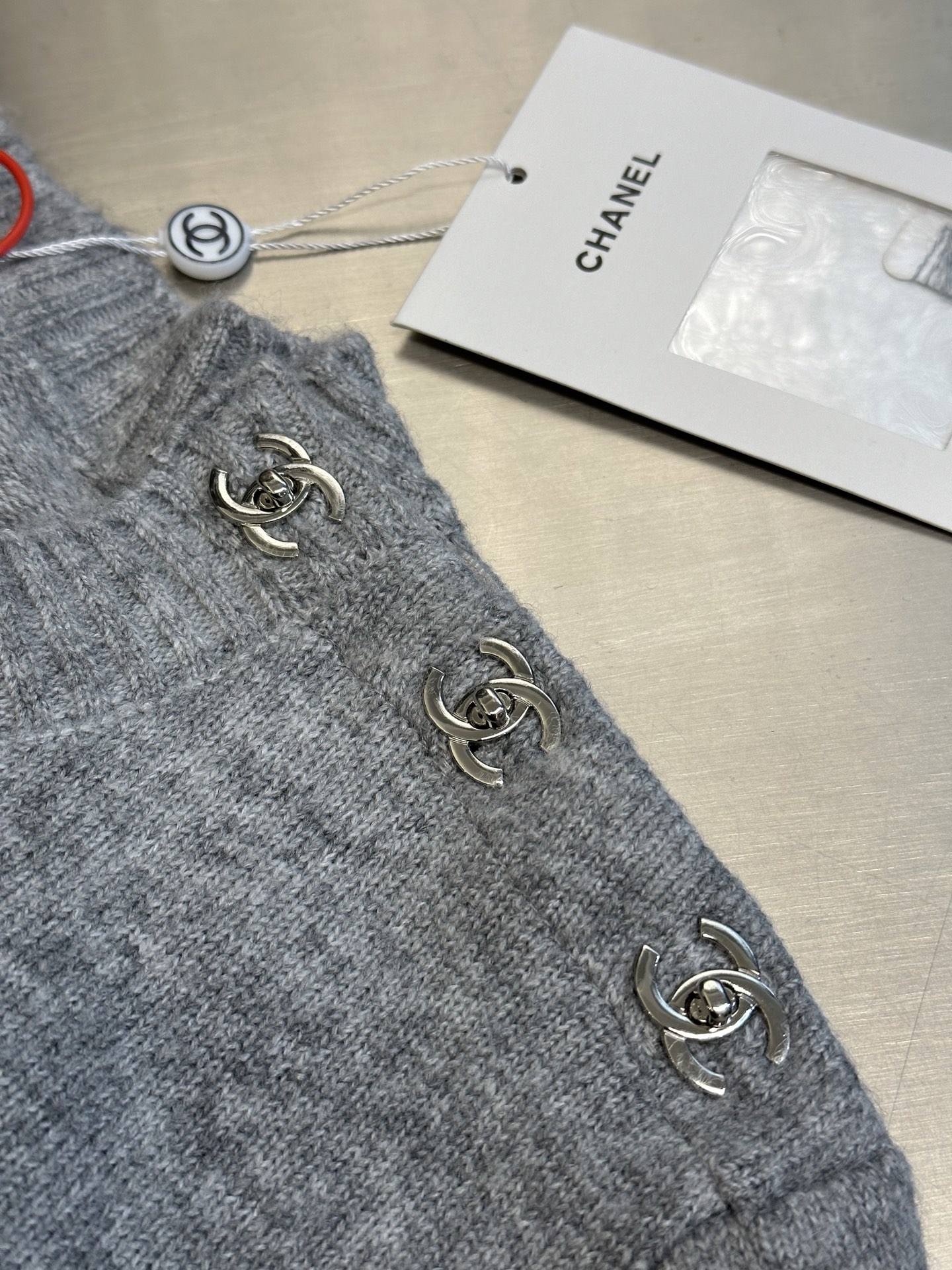 Chanel Round Neck Knit Sweater with Shoulder Stud Detail & Ribbed Panel