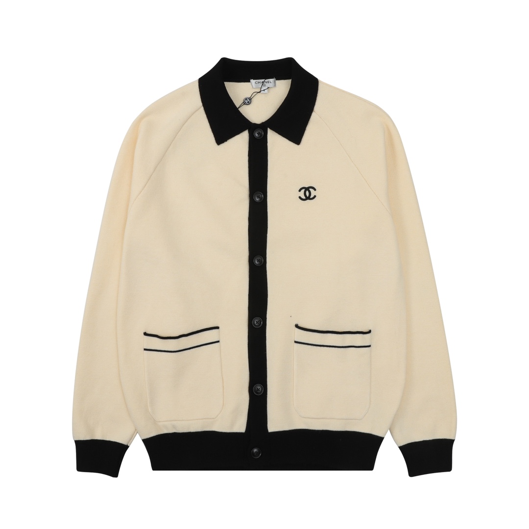 Chanel Contrast Panel  Double C Embroidered Collared Knit Cardigan