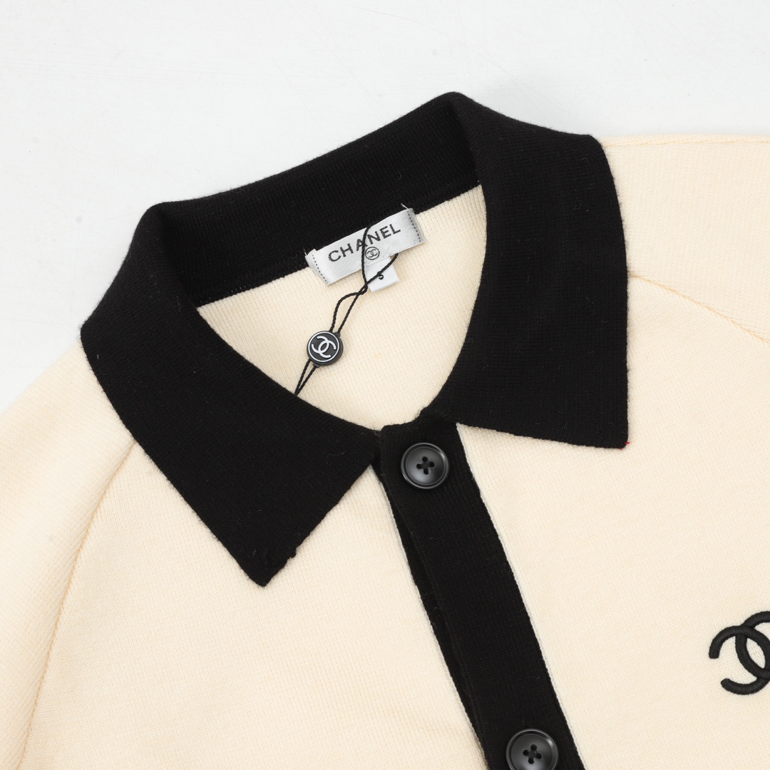 Chanel Contrast Panel  Double C Embroidered Collared Knit Cardigan