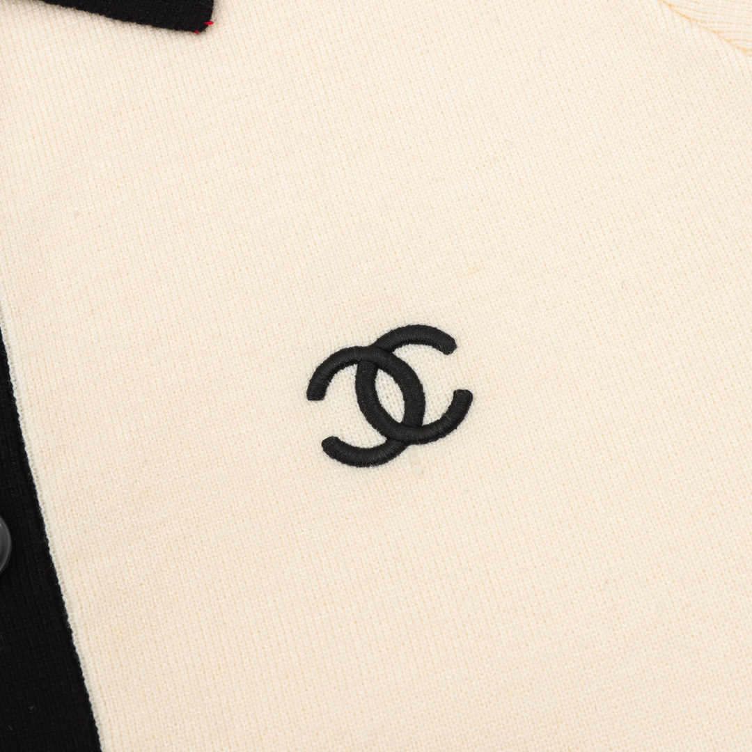 Chanel Contrast Panel  Double C Embroidered Collared Knit Cardigan