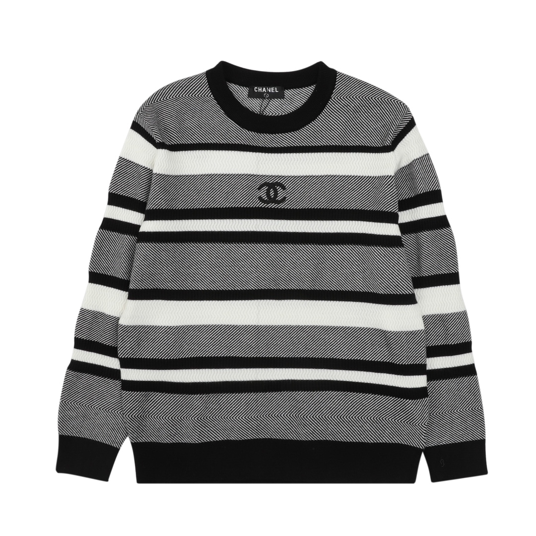 Chanel Black & White Stripe  Double C Embroidered Crew Neck Knit Sweater