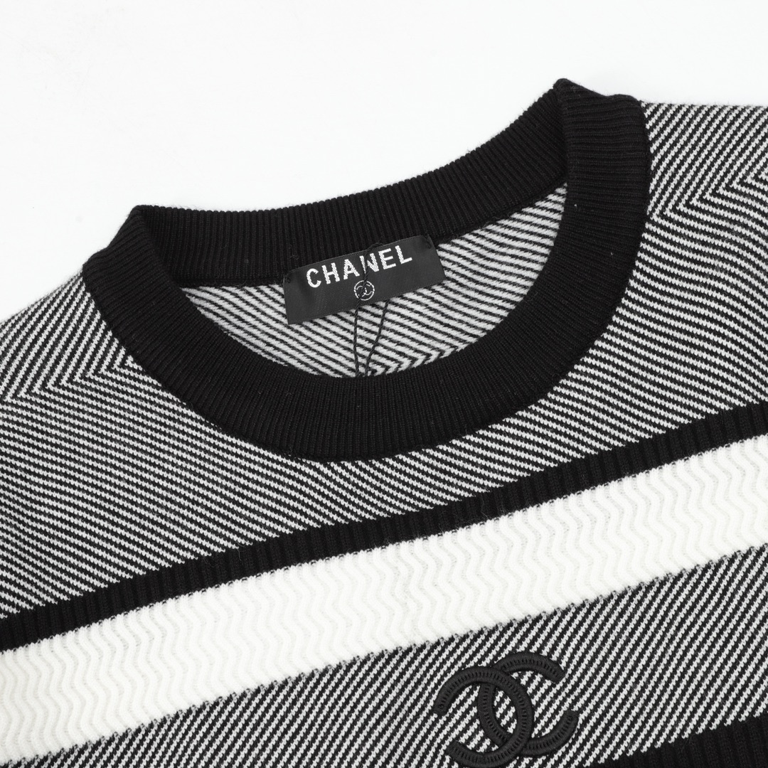 Chanel Black & White Stripe  Double C Embroidered Crew Neck Knit Sweater