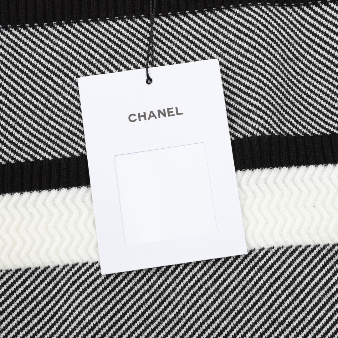Chanel Black & White Stripe  Double C Embroidered Crew Neck Knit Sweater